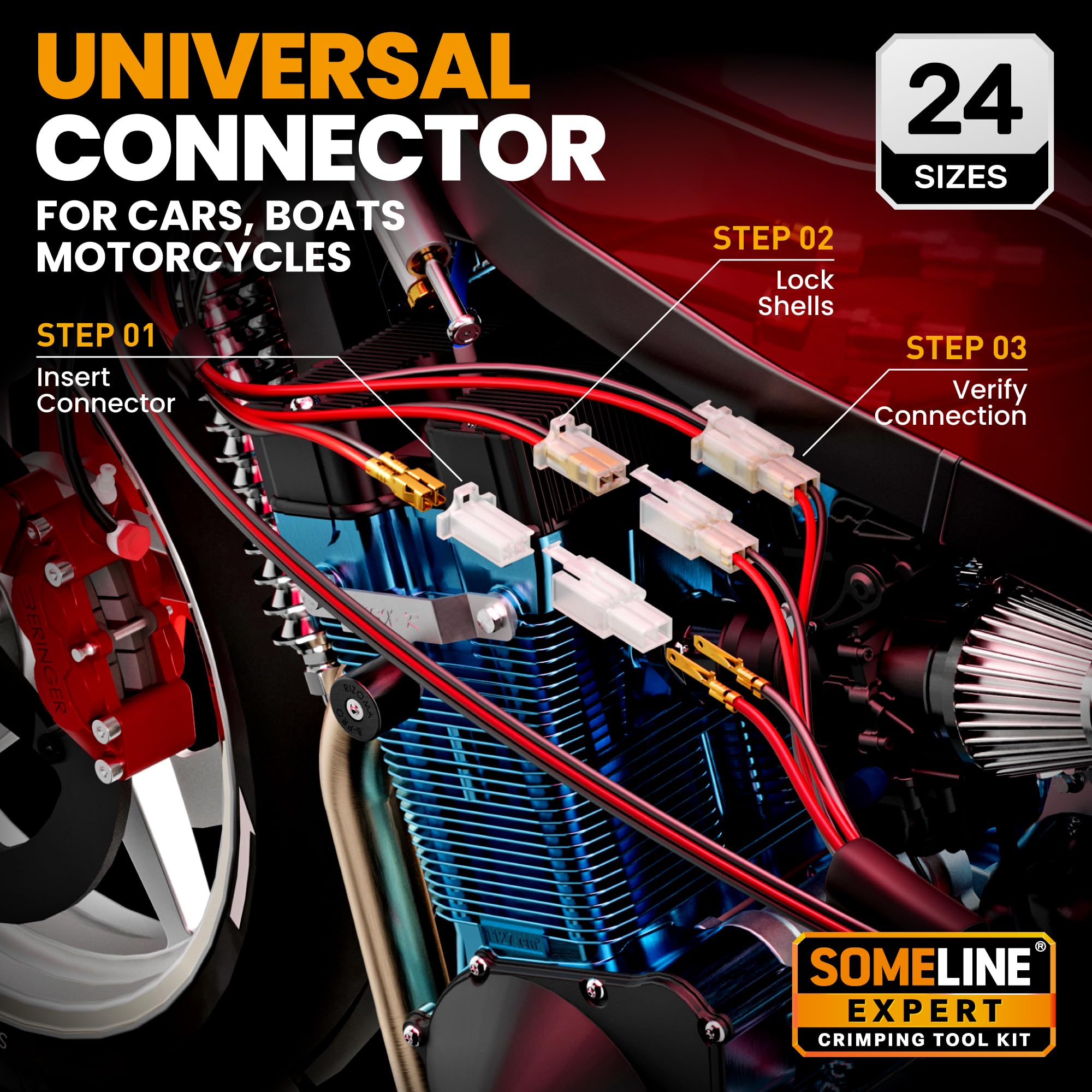 SOMELINE Kit crimpatura connettori cavi automobilistici, crimpatrice terminali scollegamento rapido non isolati 24-14 AWG, spine prese 2-9 pin 2,8 mm/6,3 mm