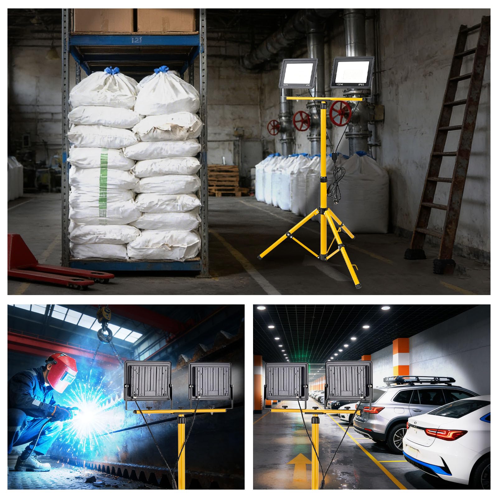 200W Led Baustrahler, 20000LM Superhelle Arbeitsleuchte mit Verstellbarer Stativ und 3m Kabel EU Stecker, Arbeitsscheinwerfer Wasserdicht IP66 für Garage Werkstatt Baustelle, Kaltweiß (200, Watt)