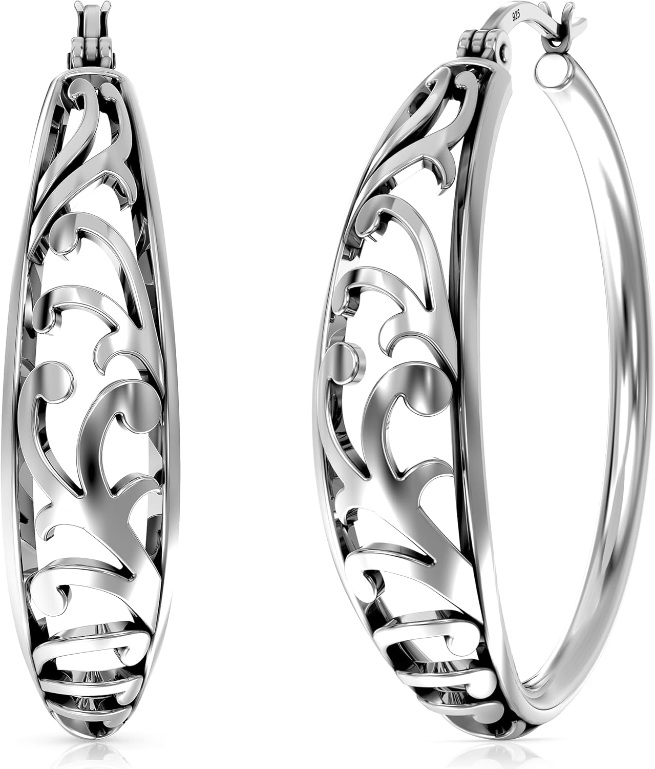 LeCalla 925 Sterling Silver Hoop Earrings for Women | Women's Filigree Hoop Earrings | Antique Oxidized Openwork Mesh Filigree Cut Earring Chunky Hoops | Hypoallergenic Vintage Filigree Oval Hoop Earrings for Women - Image 4