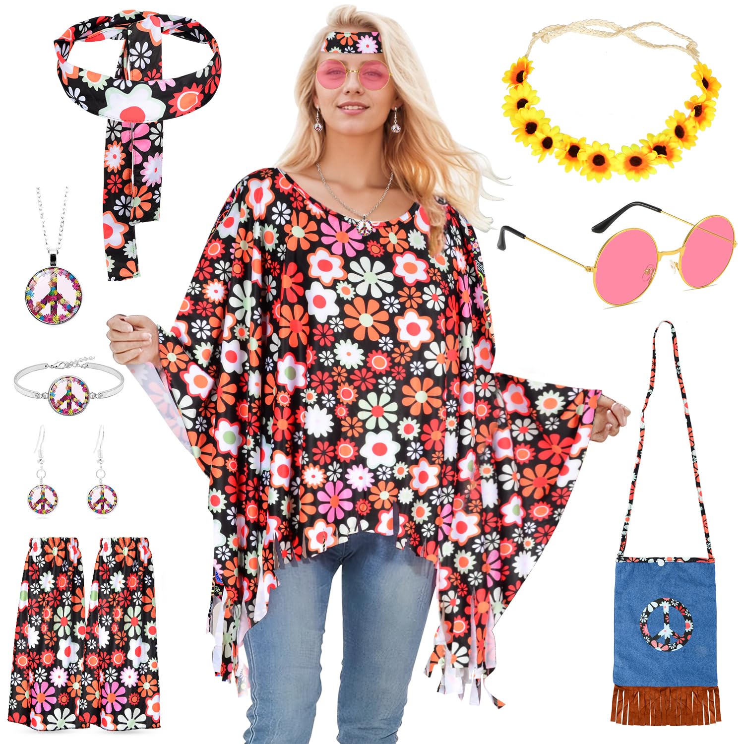 Disfraz Hippie Mujer, 9 Piezas Disfraz Años 70 Mujer, Disfraz Carnaval Mujer con Capa Hippie, Bolso Hombro Colorido, Disfraz Hippie Retro Discoteca Años 60 70 para Fiesta Carnaval