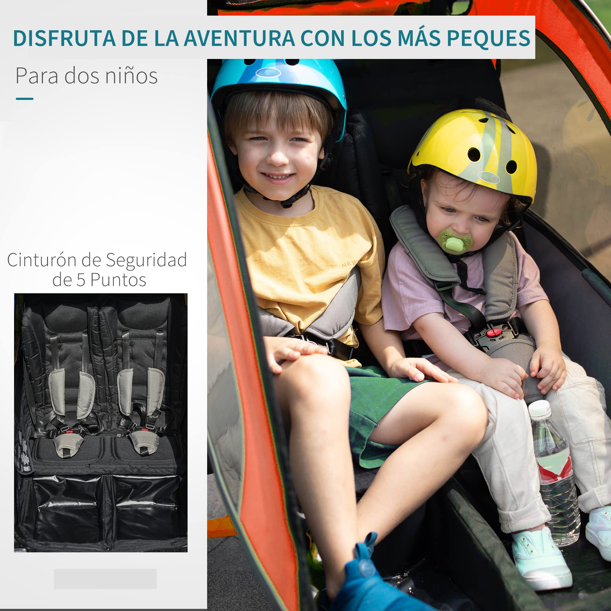 HOMCOM Remolque Infantil 3en1 para Bicicleta Carro de 2 Plazas para Niños de +6 Meses Plegable Ruedas Giratorias y Manillar Ajustable 150x85x107 cm