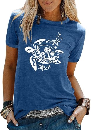 Graphic Tees for Women Vintage Sea Turtle T Shirts Hawaiian Beach Tshirts Summer Casual Short Sleeve Tops