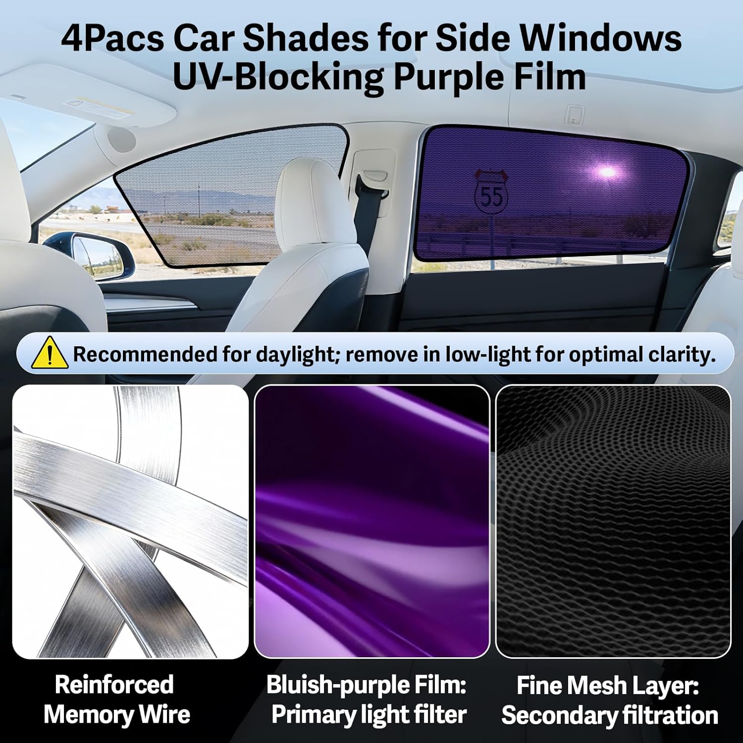 ZATOOTO Tesla Model 3 Car Window Shades 4Pack | Clear for Safe Driving | Bluish-Purple for Passenger Comfort | UV Protection | Static Cling Side Window Sun Shade Blocker with Storage Bag | 2018-2025 |