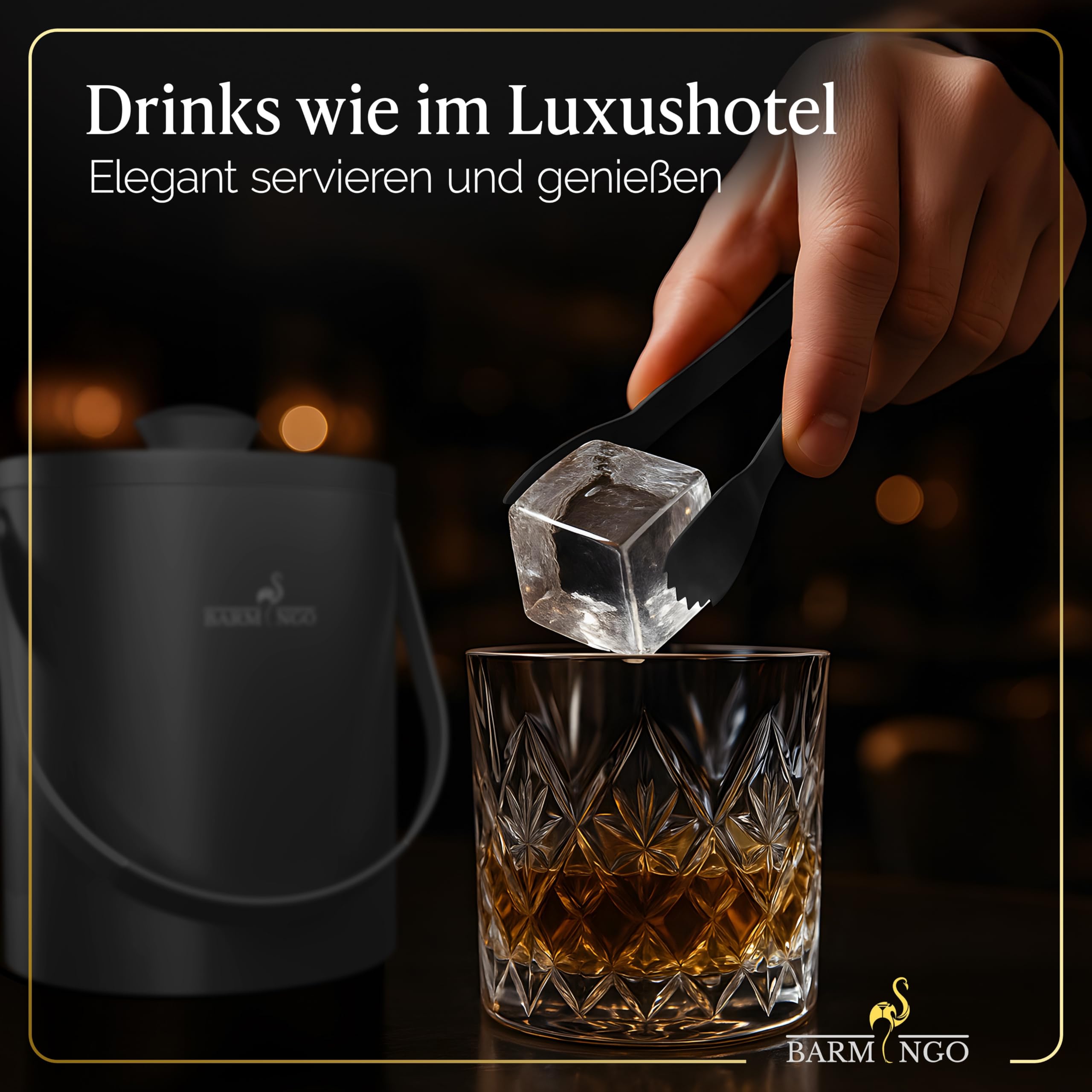 Edelstahl Eiswürfelbehälter mit Deckel - 2l Eiskübel/Eisbehälter für Eiswürfel mit Sieb, Eiswürfelform und Zange | Eiseimer doppelwandig, isoliert, BPA-frei