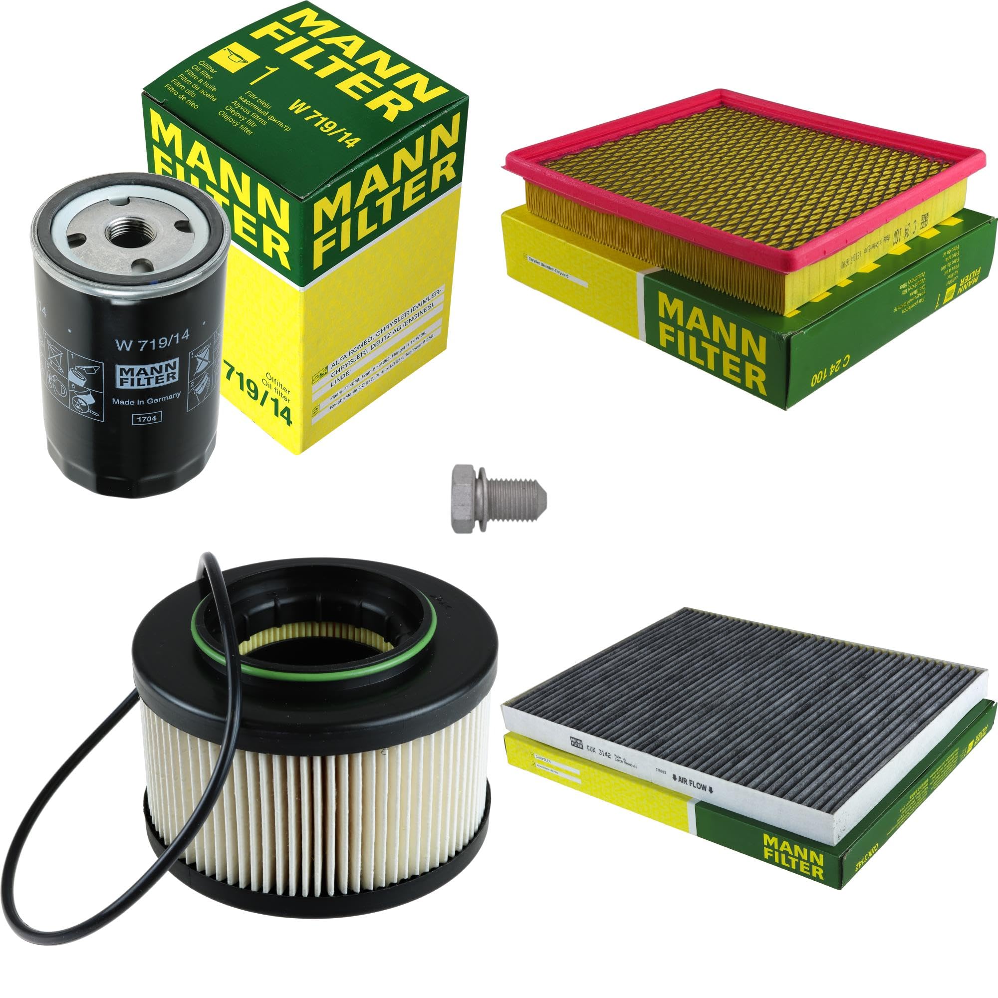 Paquete de inspección Kit de mantenimiento de filtros con filtro de aceite W 719/14, filtro de aire C 24 100, filtro de combustible PU 10 001 x, filtro de habitáculo CUK 3142, tornillo de