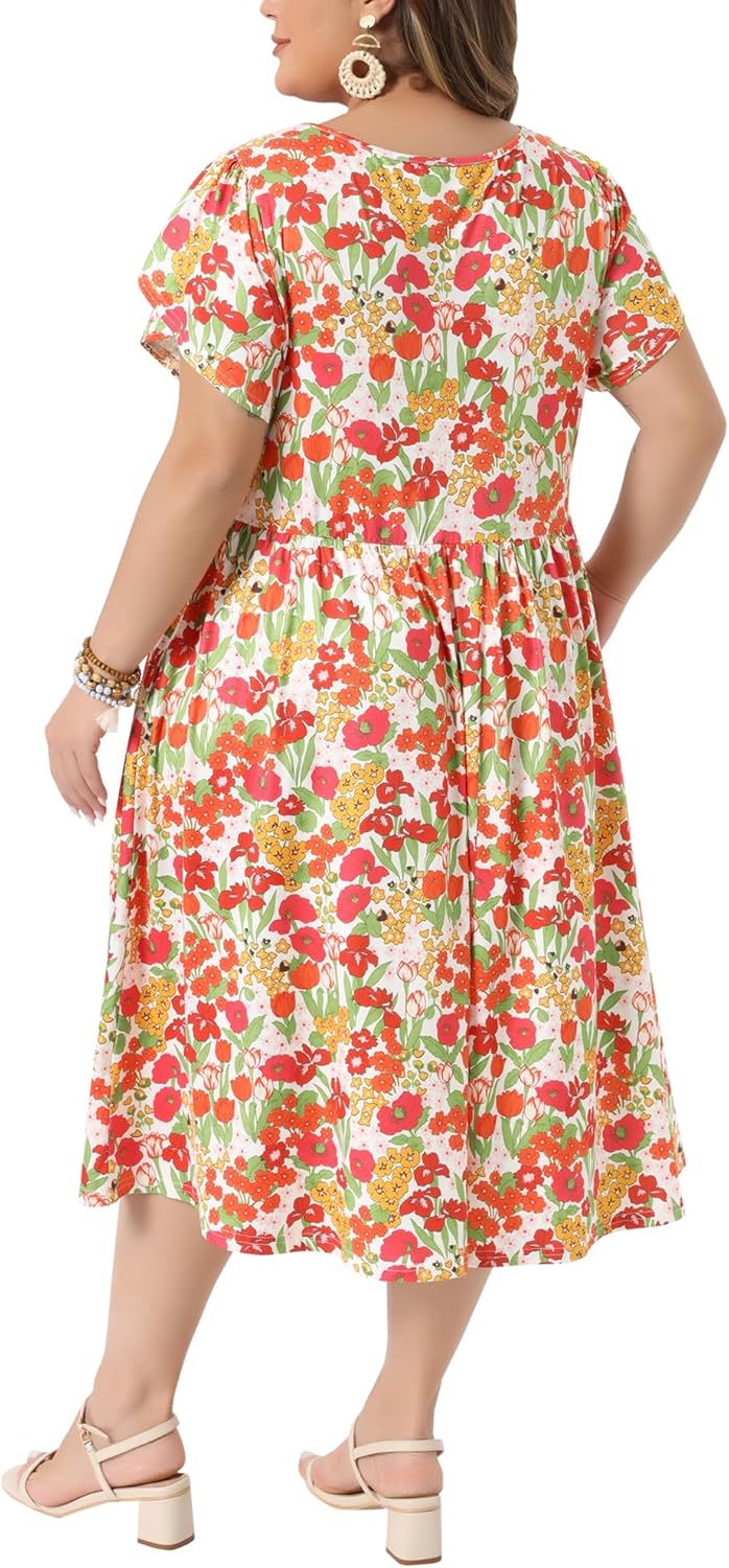 Agnes Orinda Plus Size Dress for Women Floral Print Crew Neck Tulip Short Sleeve A Line Flowy Midi Dresses Summer - Image 4