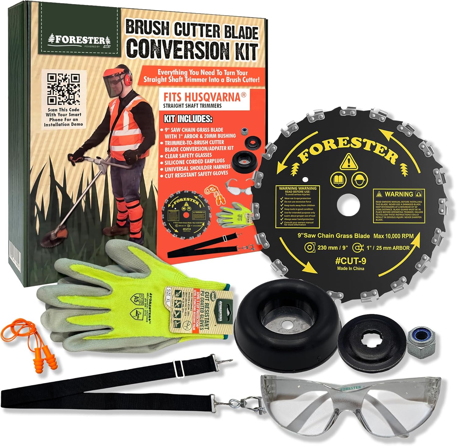 FORESTER Brush Cutter Trimmer Conversion Kit with Cut-9, Includes Safety Glasses, Earplugs, Gloves, Harness, Compatible with Husqvarna Models 325 LX, 325 LXT, 322 L, 525 L, 525 LS, 525 LST