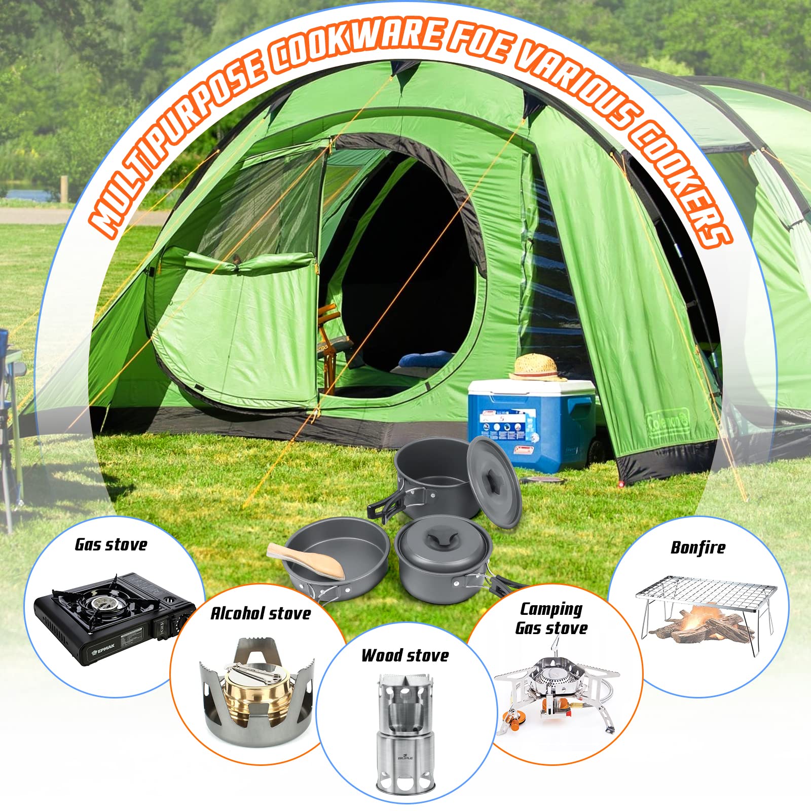 Stoviglie da Campeggio in Alluminio, Pentole da Campeggio Portatile, Set da Cucina da Campeggio Pieghevole, per 1-3 Persone, per Picnic, Campeggio, Trekking