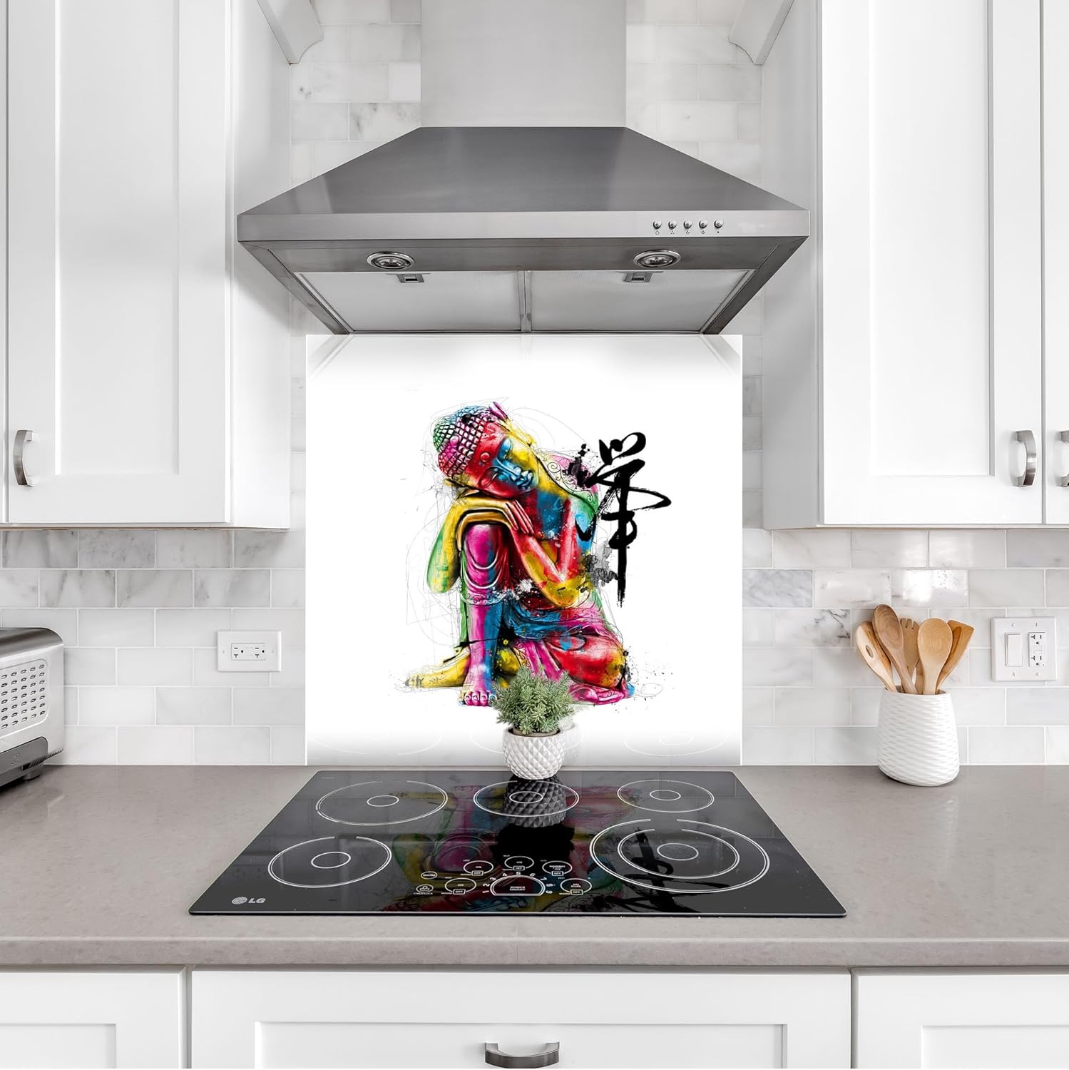 Myphotostation.com 12x12''Tempered Glass Buddha Backsplash Design Cooker Wall Backsplash Panel Glass Splashback for Kitchen Panel Design Beach Hindu Buddha Splashback