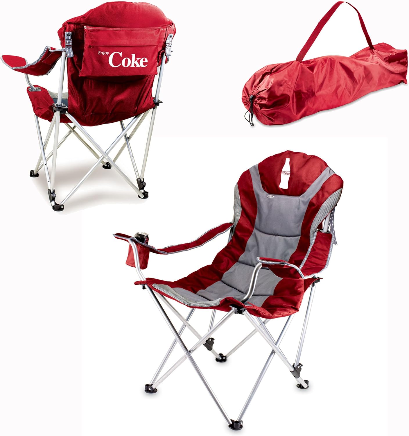 PICNIC TIME Coca Cola Enjoy Coke Reclining Camp Chair, Folding Outdoor Chair with Carry Bag Insulated Cup Holder and Reclining Back for Beach Sports and Outdoor Relaxation, (Dark Red)