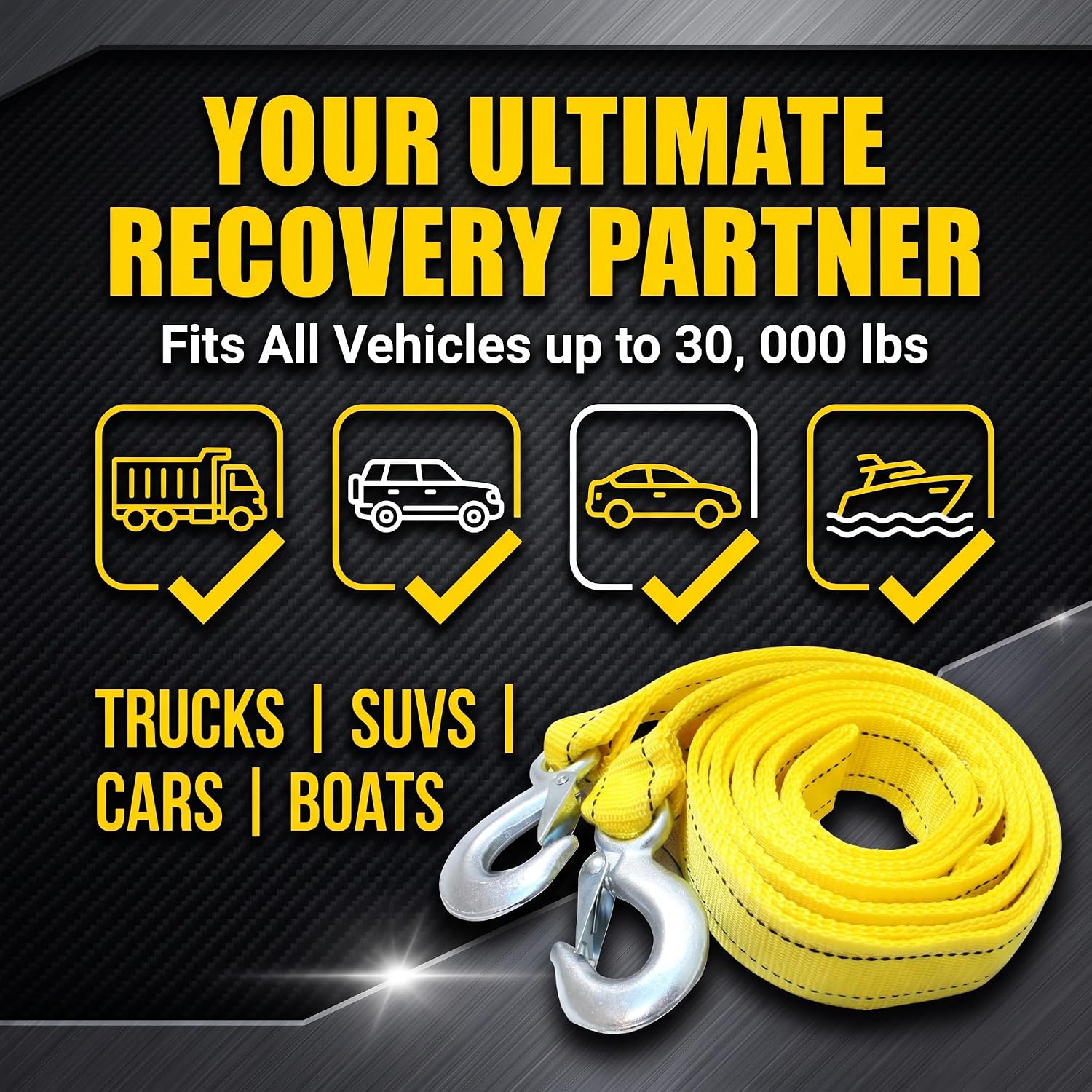 Tow Strap with Hooks, 20Ft Double-layer Nylon Emergency Recovery Towing Strap, 30000 lbs Heavy Duty Towing Strap with Reflective Strips, for Most Cars Trucks SUVs ATV UTV Boats (Yellow)