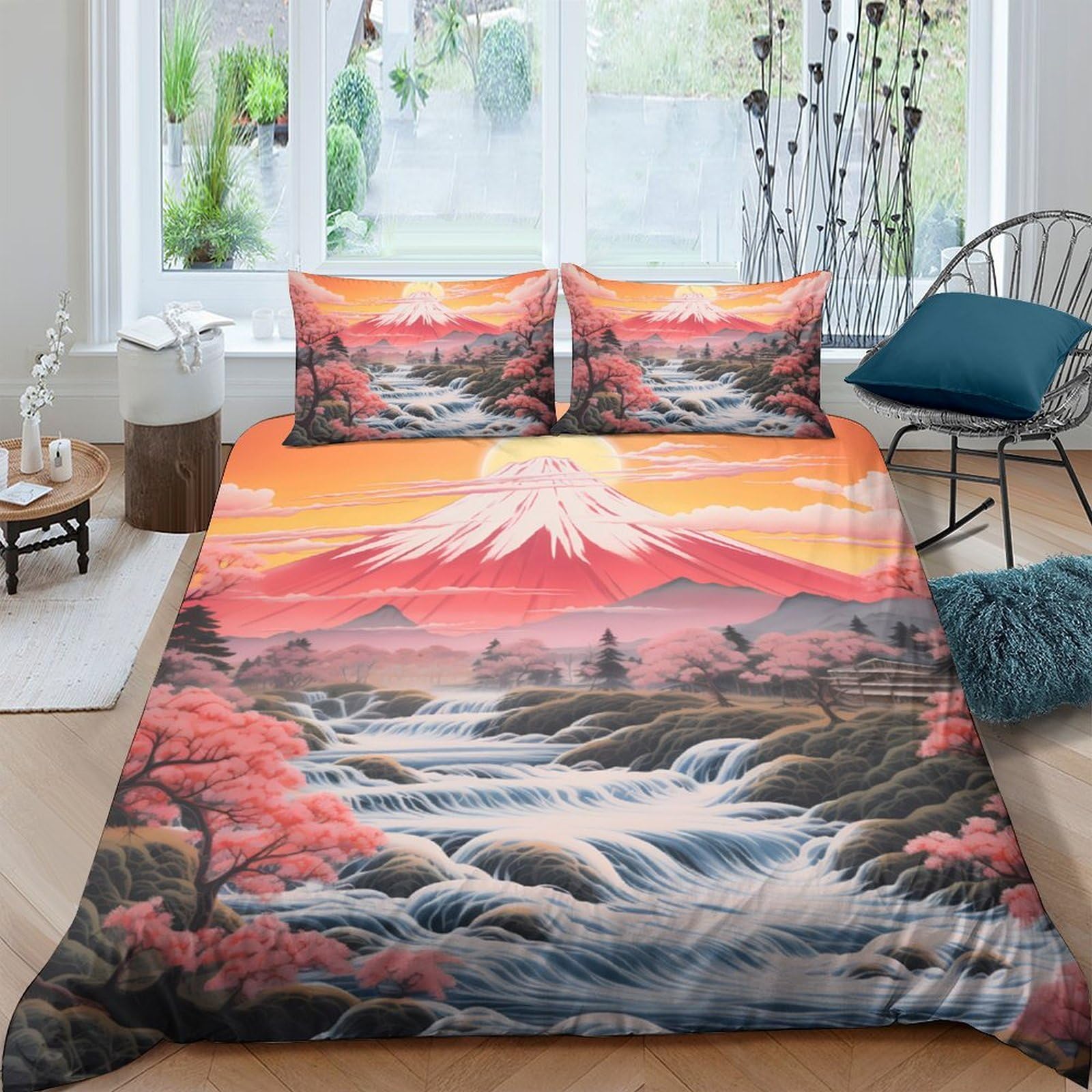 Ctjqhvkz Style-3 3D Printed Mount Fuji Sunset Fitted Sheet Microfiber Anti-Slip Japanese Landscape Bed Cover For Bedroom Dorm Mattress Decor Single（135X200cm）