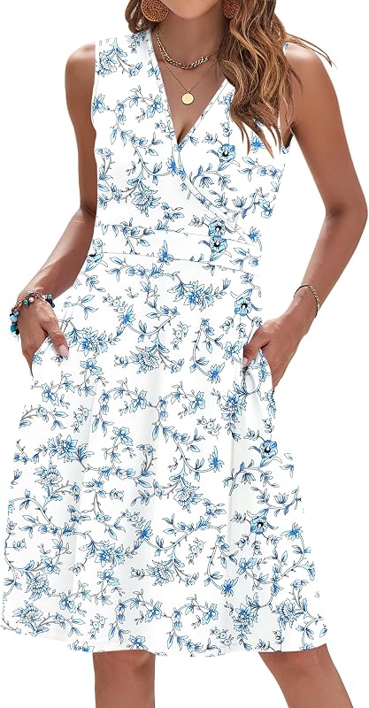 AUSELILY Womens Floral Summer Dress Sleeveless V Neck Faux Wrap Pockets | Wrap Style, Surplice Dress, A-Line Dress, Beach Dress, Vacation Dress, Casual Sundress, Summer Outfit