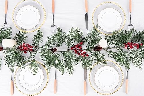 Miniatura 4 de Artiflr Guirnalda de pino artificial de Navidad de 6 pies, guirnalda de vegetación de invierno con bayas rojas y conos de pino para temporada de