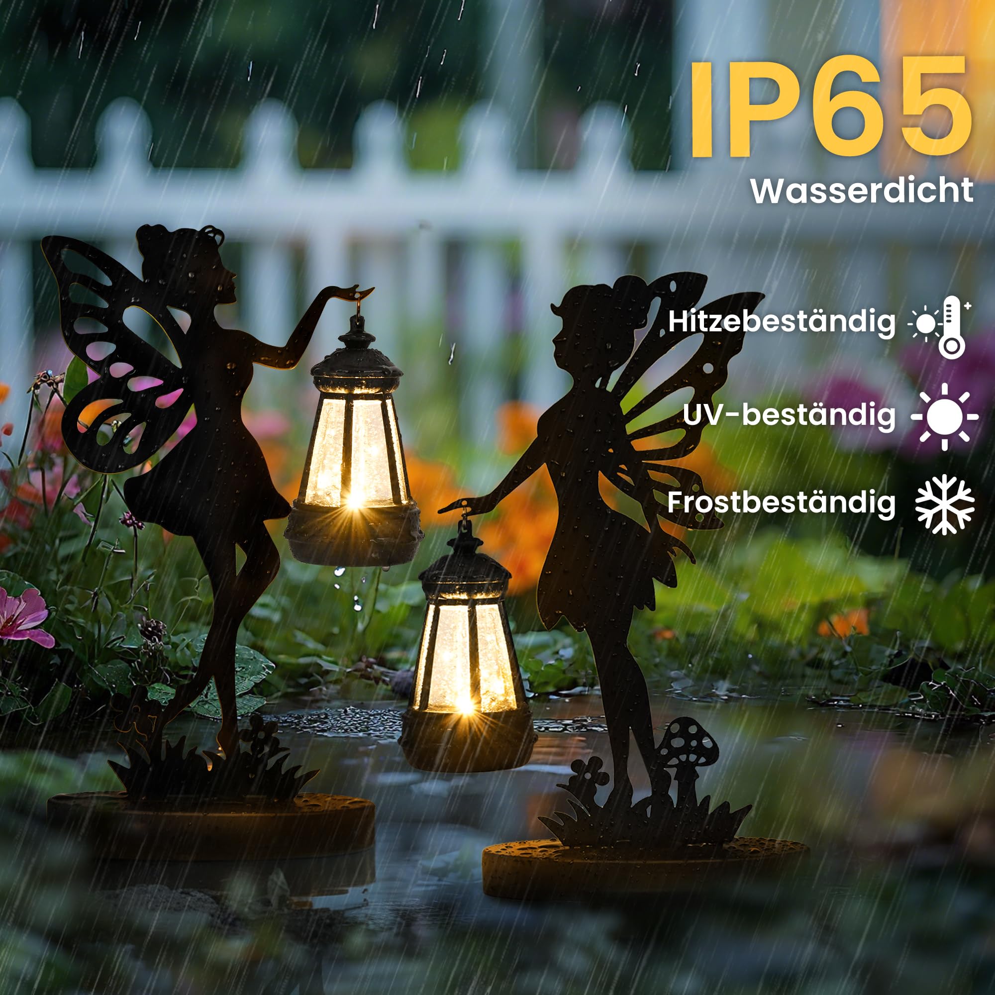 GIGALUMI Eiserne Feenstatue, Gartenornamente, für den Außenbereich mit solarbetriebenen Lichtern, wasserdichte Gartenstatue, Dekorationen für Terrasse, Hof, einzigartig für Mutter（2 Stück）