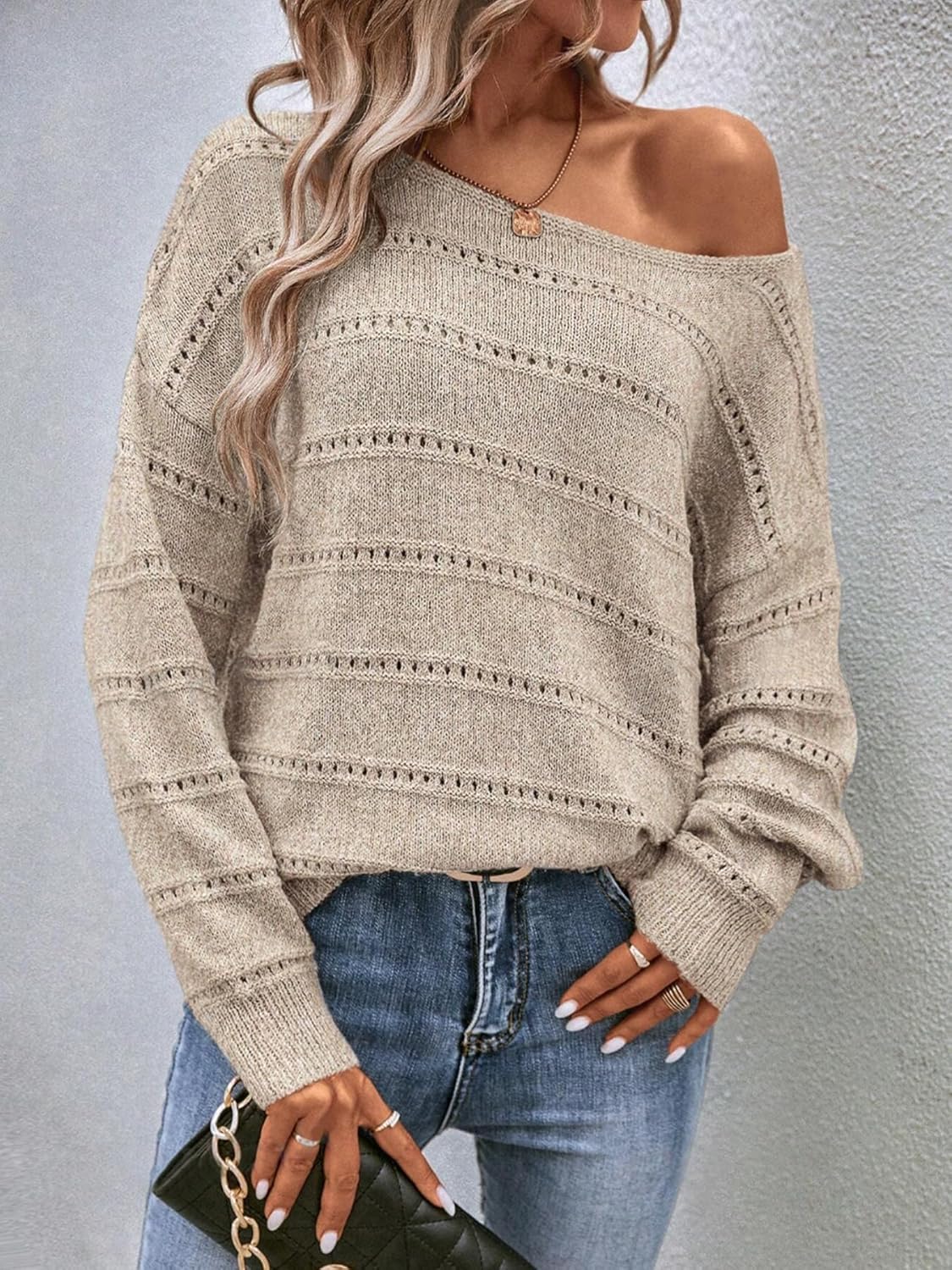 Women's Sweater Soft Boat Neck Long Sleeve Oversized Sweaters Crochet Pullover Knit Tops - Image 5