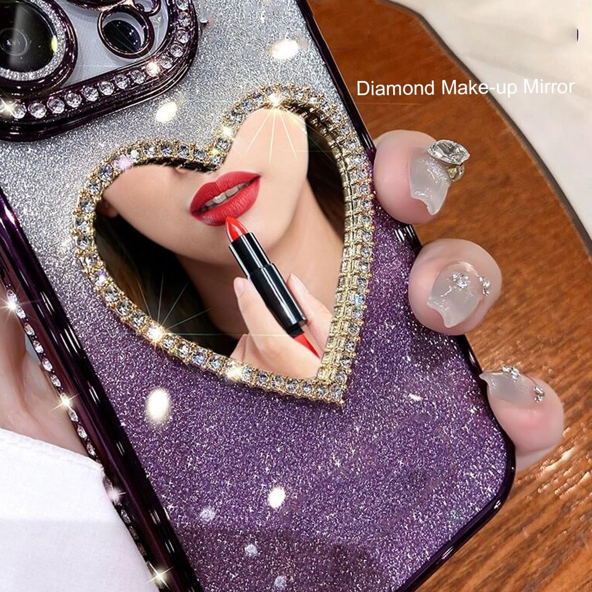 Glitter Mirror Case for iPhone 17 Pro,Cute Luxury Diamond Heart Makeup Mirror Bling Sparkly Rhinestone with Camera Lens Protector Plating Bumper Women Girls Case for iPhone 17 Pro 6.3",Silver - Image 4