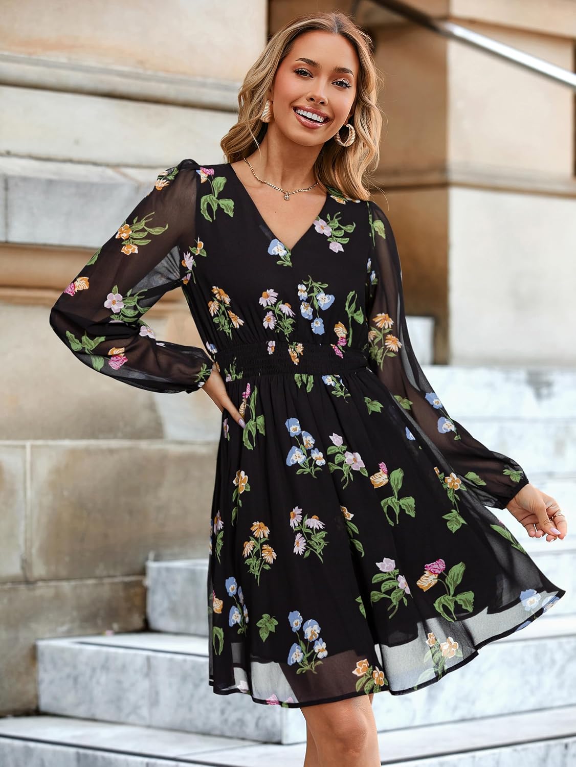 Simplee Womens Floral Mini Dress Long Sleeve Casual V Neck Chiffon Modest Boho Flowy Fall Wedding Guest Dresses - Image 3