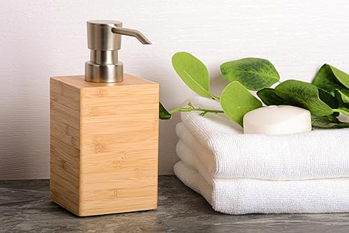 Miniatura 9 de Dispensador de jabón de bambú, dispensador de jabón de madera de 7 onzas líquidas, diseño cuadrado elegante, encimera moderna de baño de cocina