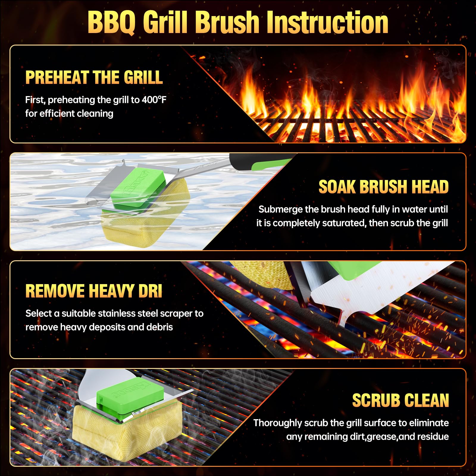 Grillbürste ohne Borsten für Outdoor-Grill, Dampfgrill-Reinigungsbürste, austauschbarer Grillreiniger, langer Griff, sichere Grillbürste mit Schaber für Gusseisen, Edelstahlroste, Grün