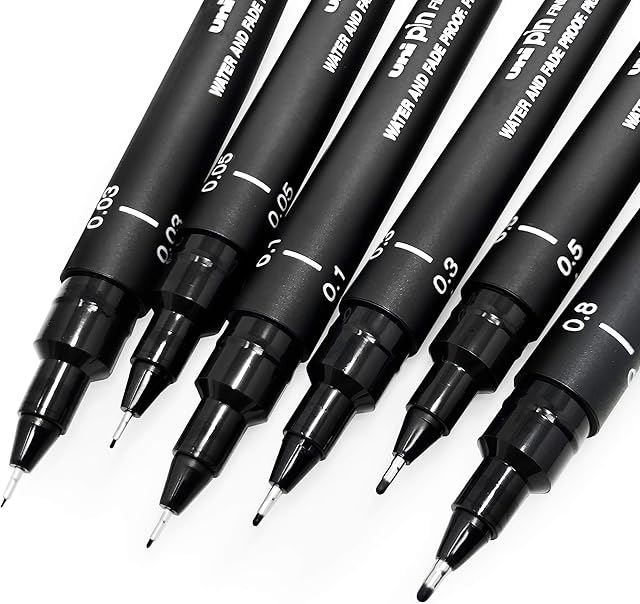 Uni Pin Fineliner Drawing Pen - Sketching Set - Black Ink - 0.03 to 0.8mm - Set of 6