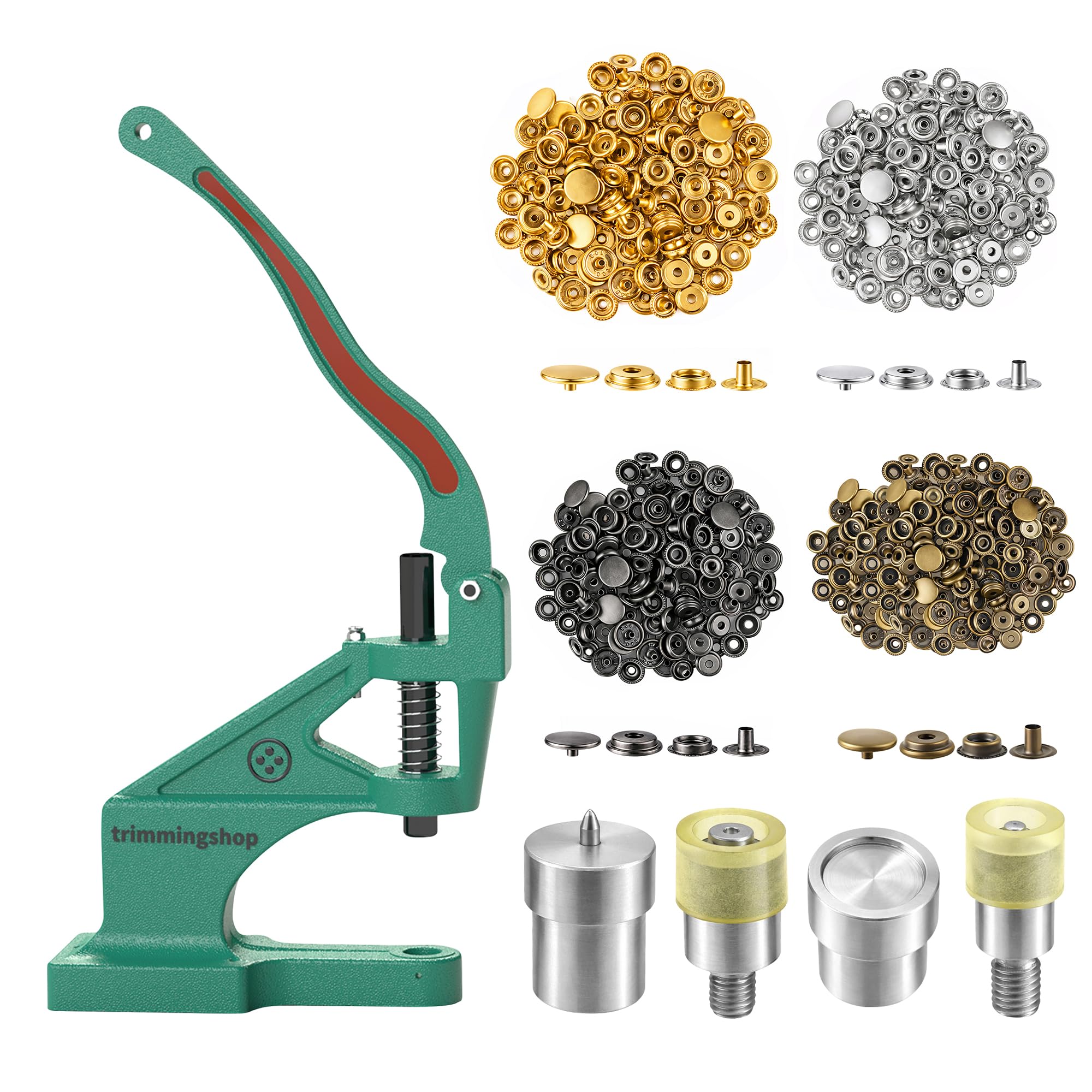 Trimming Shop Zestaw 400 dużych zatrzasków 15 mm, zatrzaski bez szycia metalowych guzików, z matrycami mocującymi, uniwersalna zielona maszyna do ręcznego rękodzieła, torebki, paski, kurtki