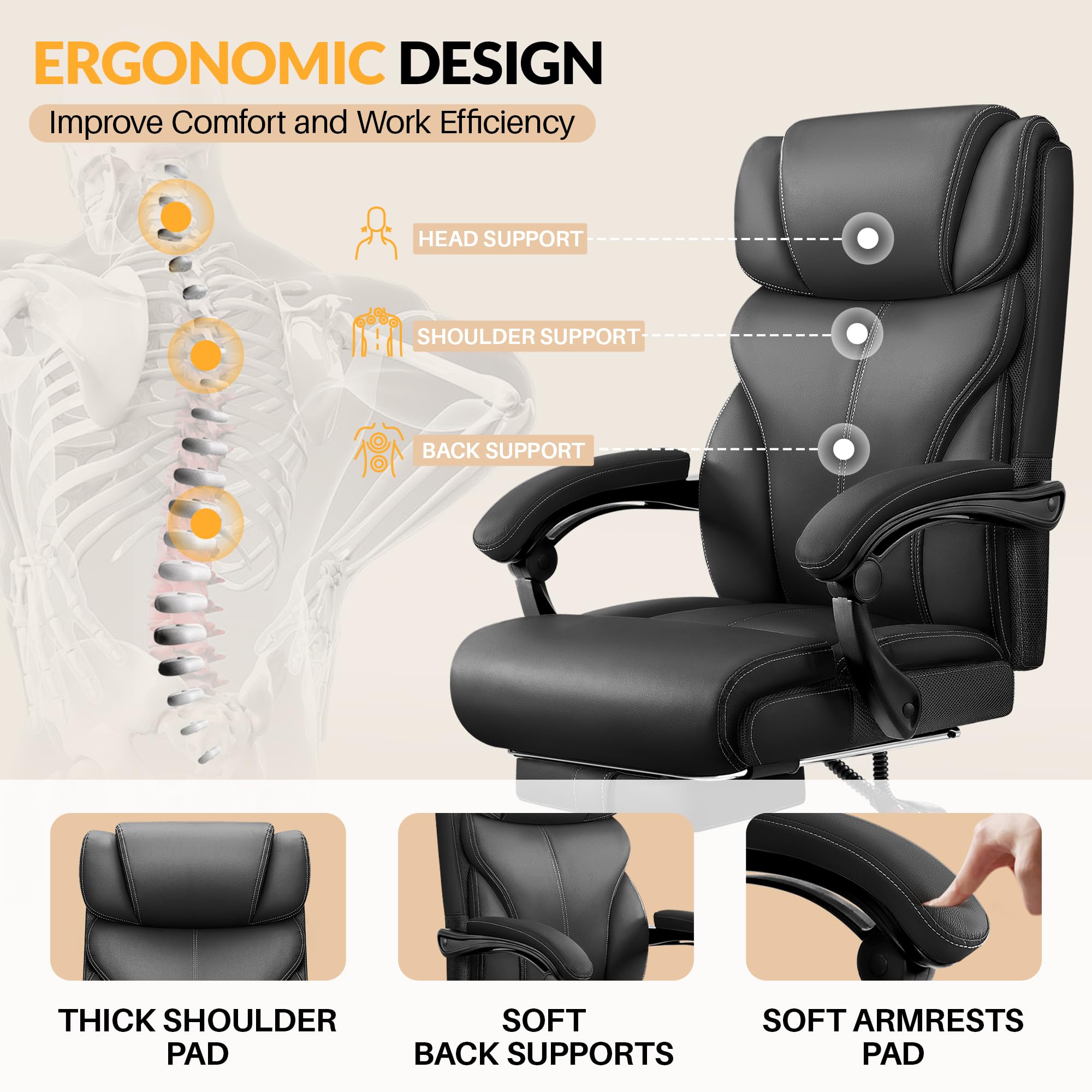 Office Chair, Executive Big and Tall Leather Desk Chairs with Footrest, Ergonomic Breathable Computer Chair with Adjustable High Back, Lumbar Support Swivel PC Chairs with Rocking Function
