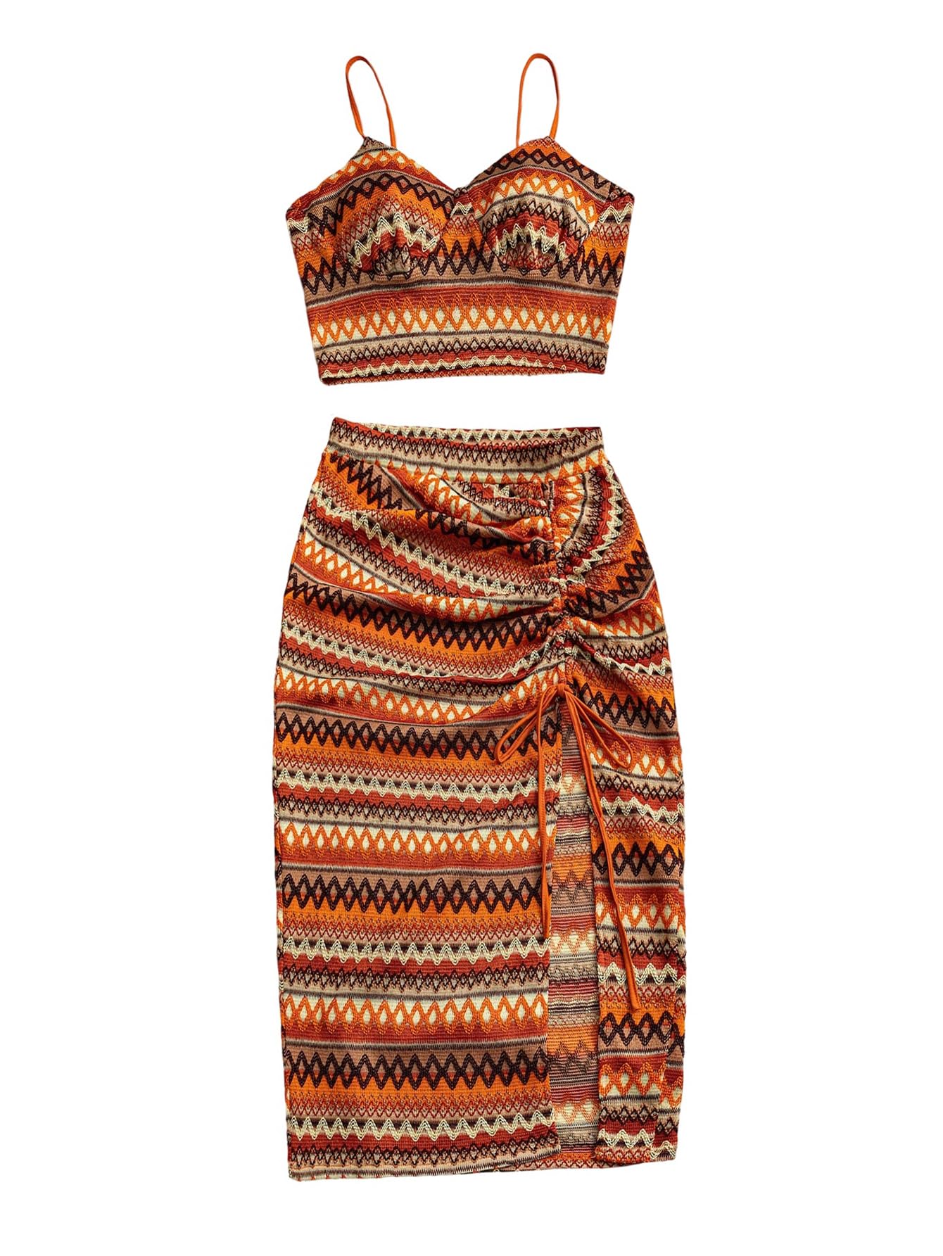 Floerns Women's Plus Size 2 Piece Outfit Cheetah Crop Cami Top Slit Midi Skirts Set