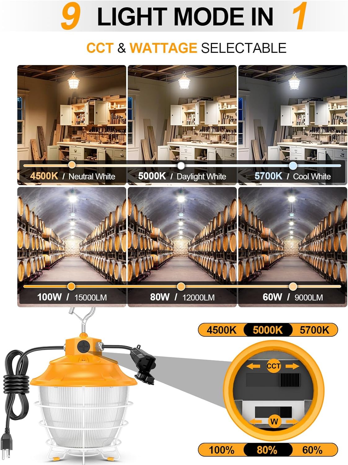 LED Temporary Work Light 60W 48W 36W Tunable 4500K 5000K 5700K Tunable 9000LM Portable Hanging Linkable Construction Light ETL DLC Listed with ON/Off Button for Job Site, Workshop