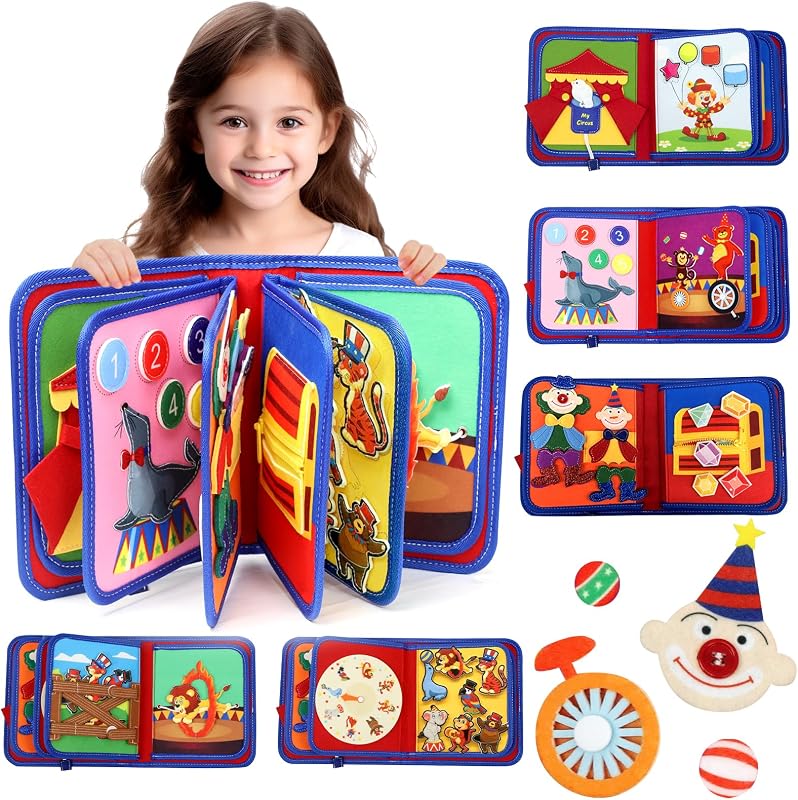 LZDMY Libro Montessori para Niños 1 Años, Busy Board Libro Interactivo con Tema Circo, Busy Book Juguetes Educativos Montessori con Cremalleras/Botones Sensoriales, Regalo para Niños Niñas