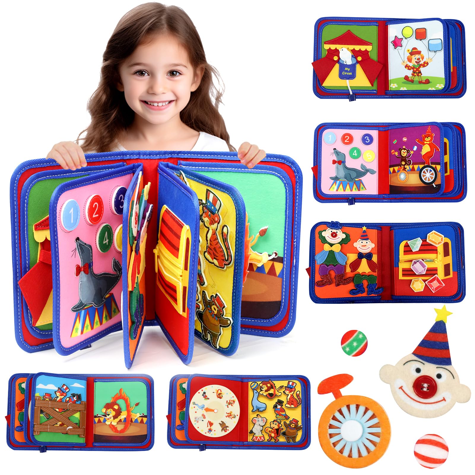 LZDMY Baby Montessori Busy Book for 2 3 Year Olds Boys Girls, Toddlers Educational Sensory Activity Books, Circus Troup Book Busy Board, Babies Birthday Gifts