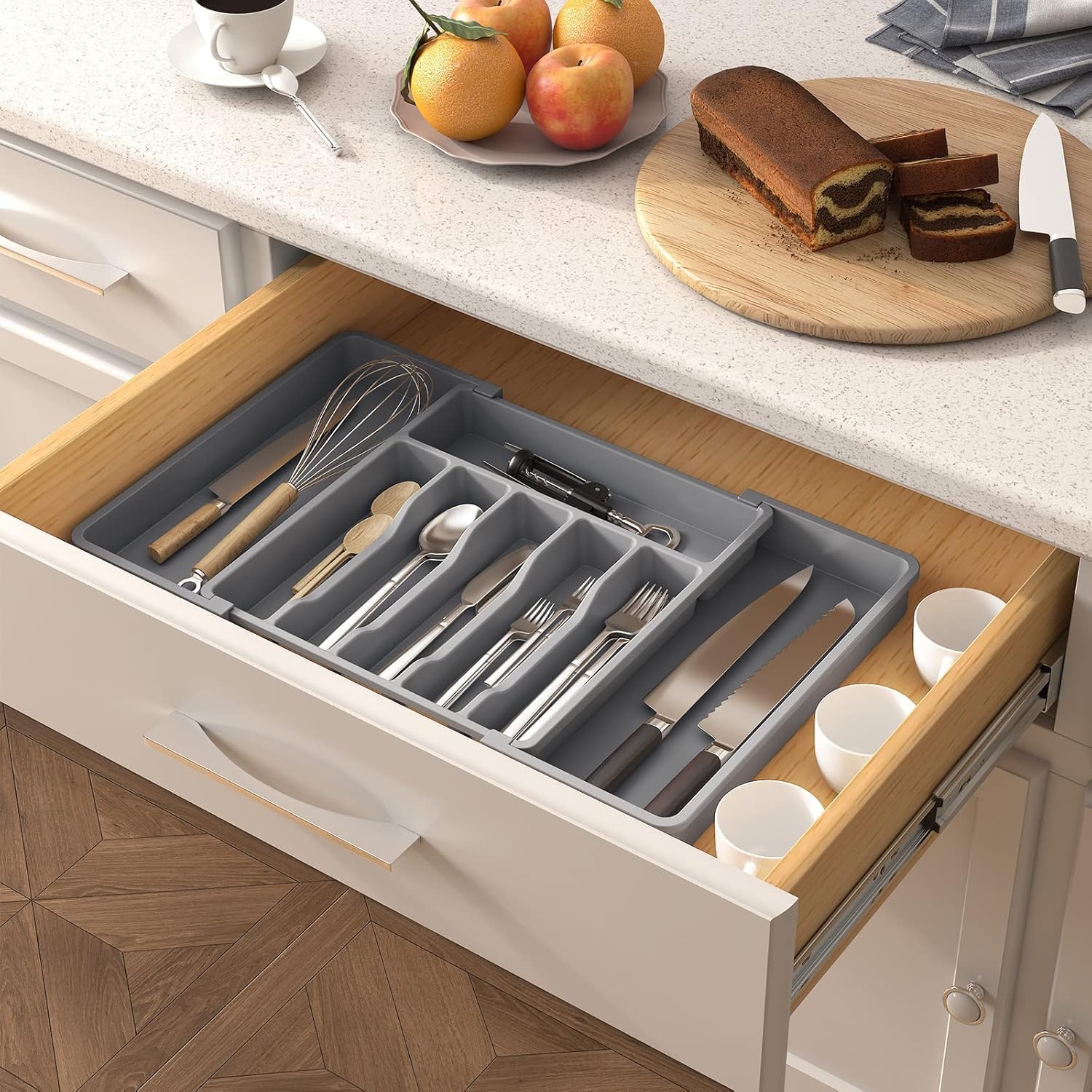 JD FRESH Expandable Slider Drawer Organizer/Kitchen Cutlery Tray/Plastic Storage Tray Kitchen Organization/Adjustable Cutlery & BPA Free Flatware Holder for Spoons, Forks, Knives/Grey (Pack of 2)