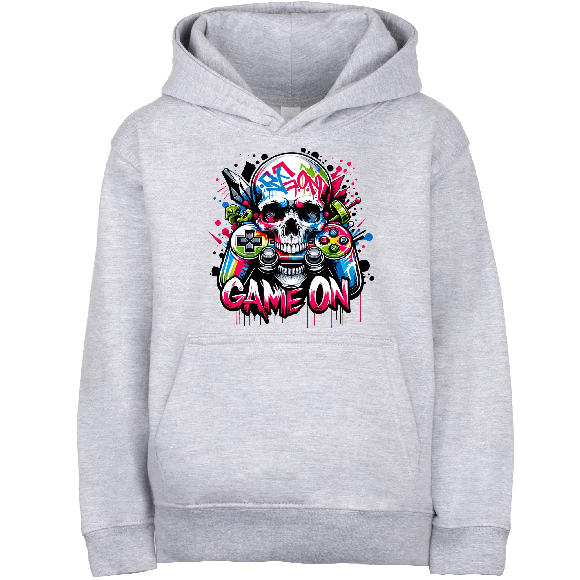 Fringoo Gamer Hoodie for Boys Cotton Rich Soft Hooded Sweatshirt for Boys Gaming Pullover Jumper with Kangaroo Pocket Age 5-13 (UK, Age, 12 Years, 13 Years, Regular, GREY - Game On Skull)