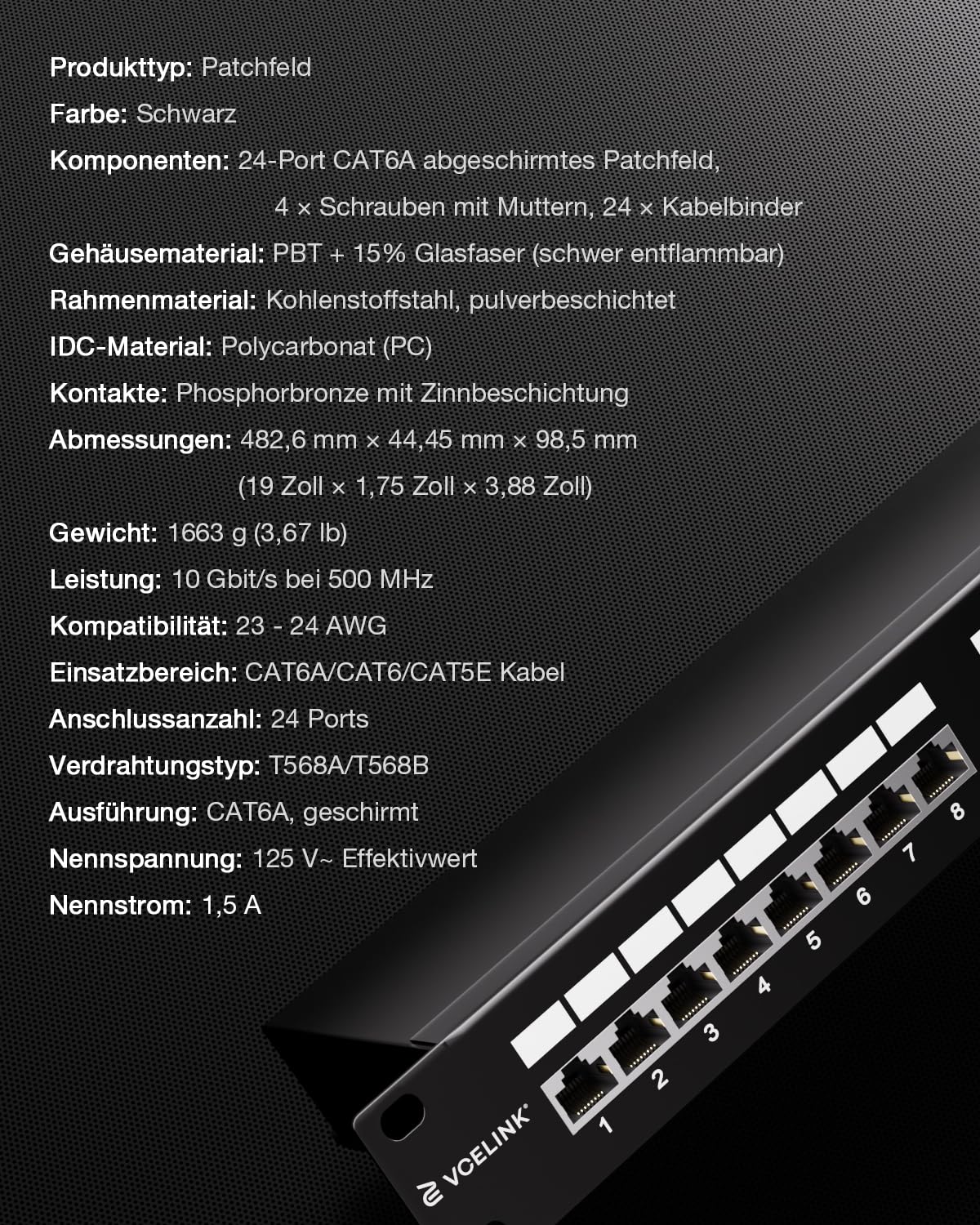VCELINK CAT6A Patchpanel 24 Port, Geschirmt 19 Zoll Patchfeld 10 Gbit/s mit RJ45-Buchsen, Rackeinbau Kabelführung Verteilerfeld für Büros, Home-Office, kleine Serverräume