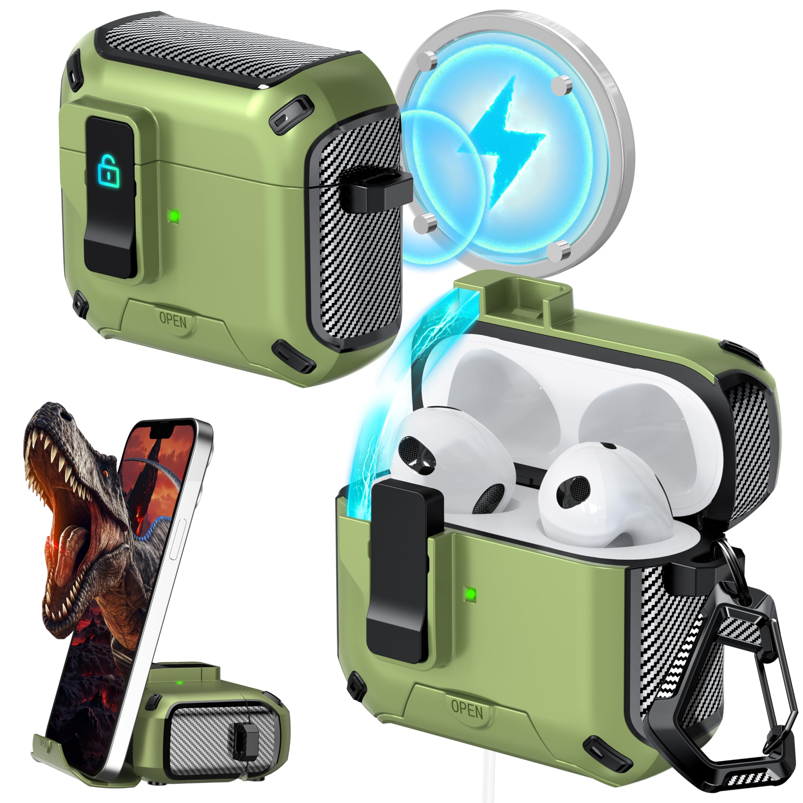 RFUNGUANGO for AirPods Case (2021, 3rd Generation), Compatible with AirPods 3rd Generation, Compatible with MagSafe, Drop Protection Case with Stand