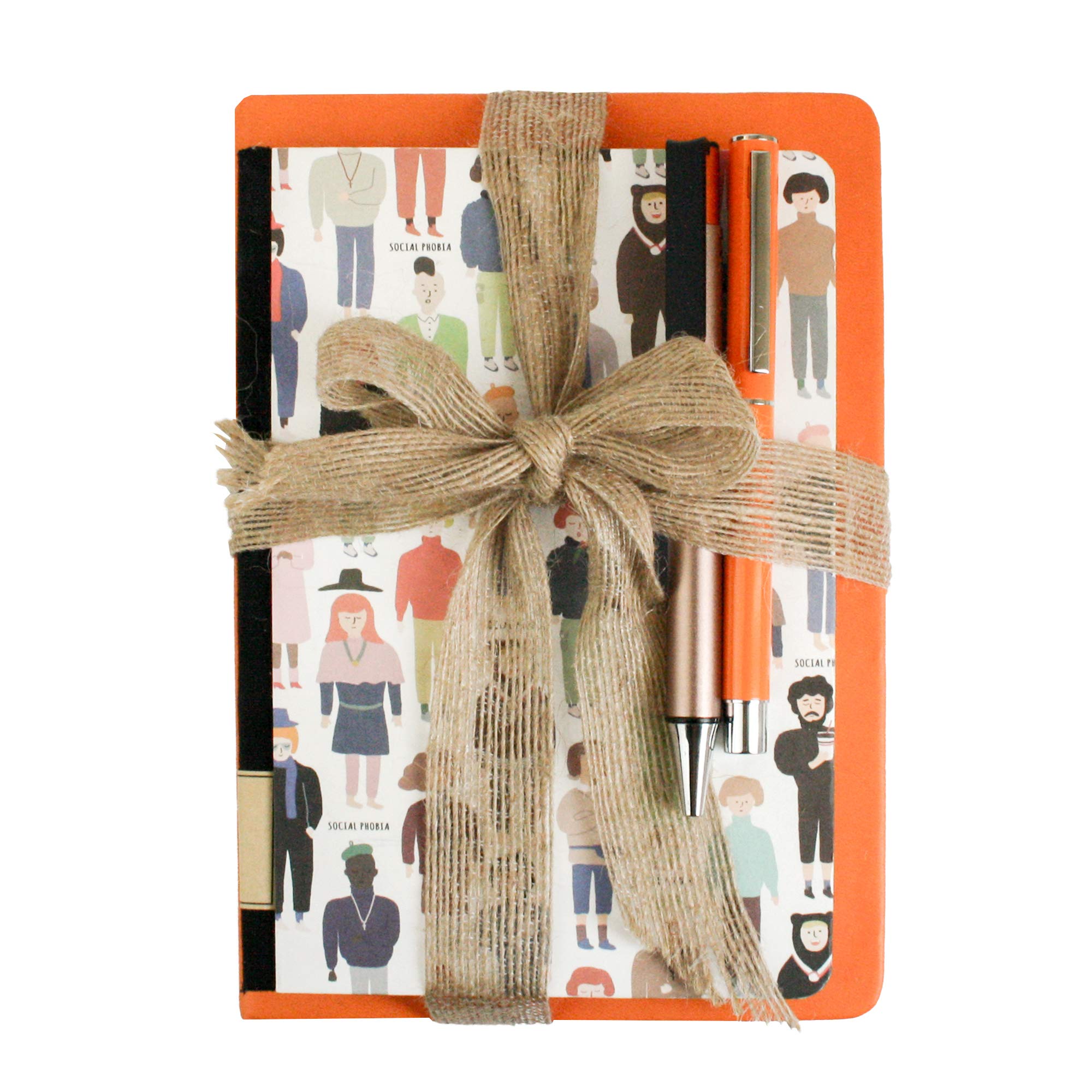 Emartbuy Social Phobia Themed Journal Gift Set with A5 Notebook Lined Pages Gel Pen Ballpoint Pen Orange Ribbon Unique Stationery Gift for Writers Thinkers Mental Health Support