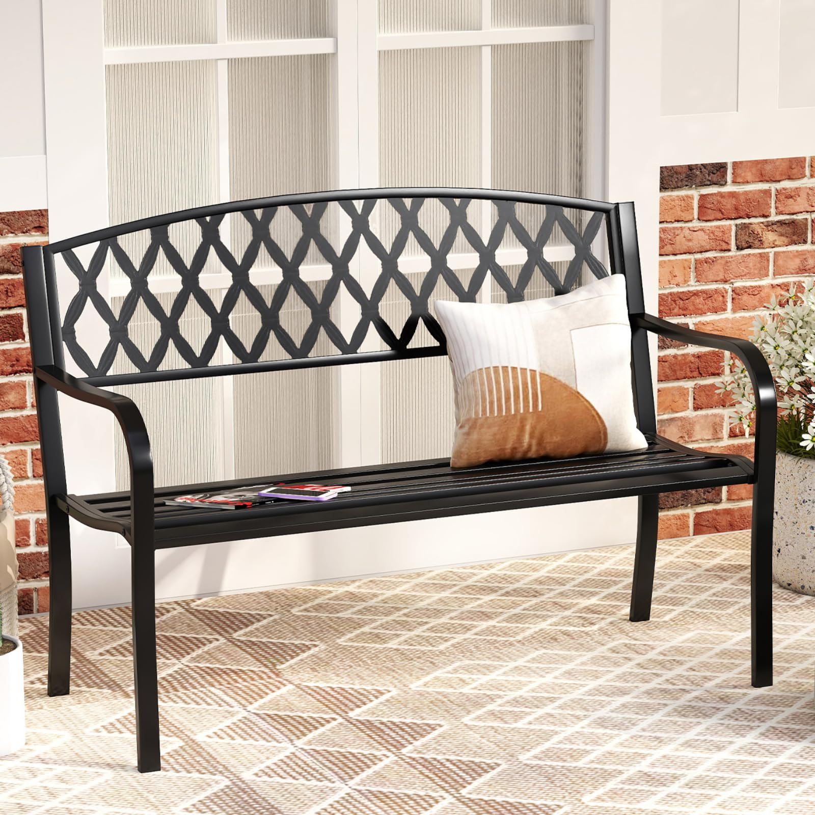 SFAREST 2 Seater Garden Bench, Slatted Park Chair Seat with Armrest, Metal Frame Outdoor Leisure Loveseat for Patio Backyard Poolside Balcony (1, Diamond Pattern)