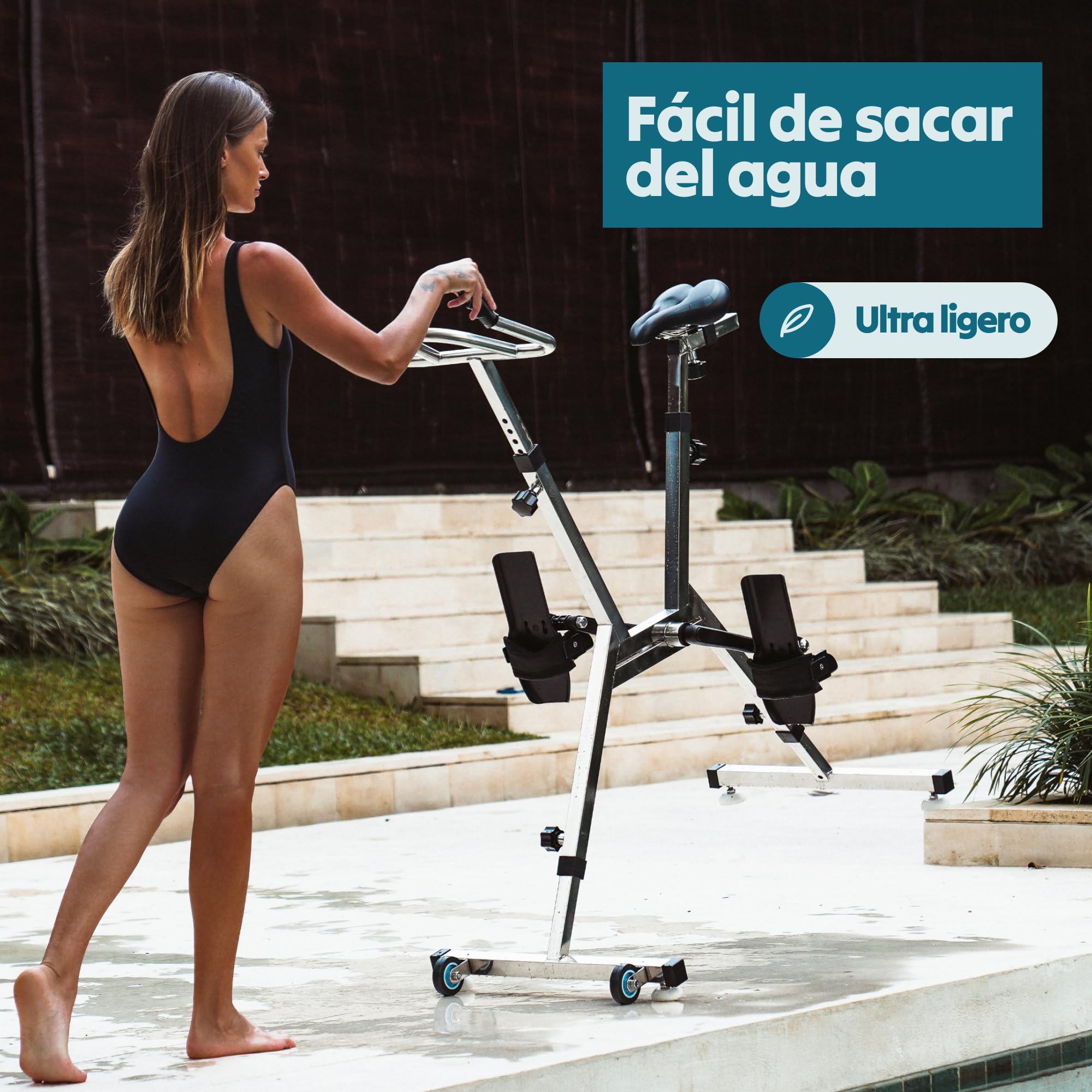 Lovee Aquabike V2 - Bicicleta de piscina doble modo deportivo y confort, acero inoxidable 316, resistencia al cloro y al agua de mar, para todos los revestimientos, 1,10 a 1,50 m de profundidad