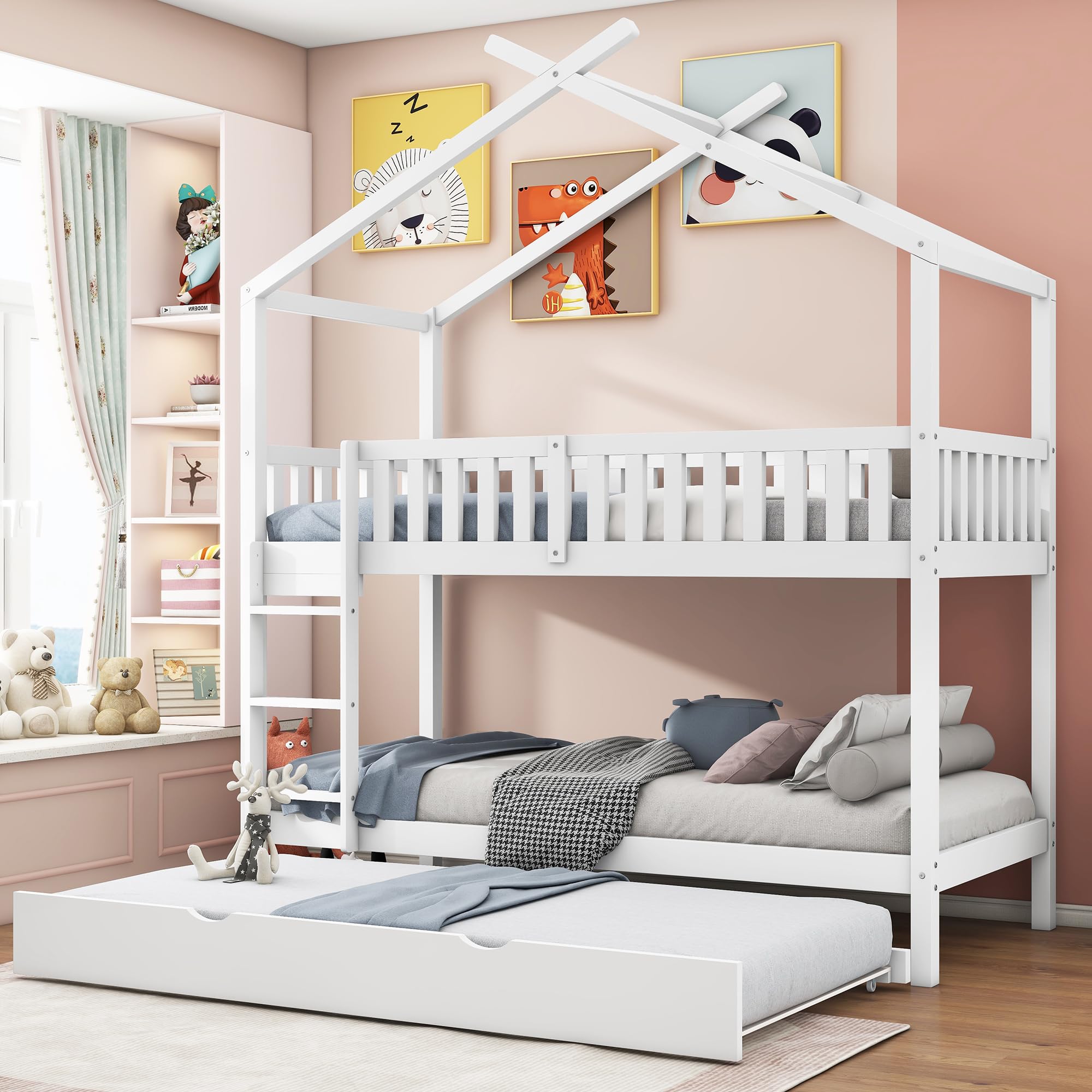 Moimhear Cama para niños House Bed 90 x 200 cm, cama juvenil, tres camas, extensible, diseño que ahorra espacio, color blanco