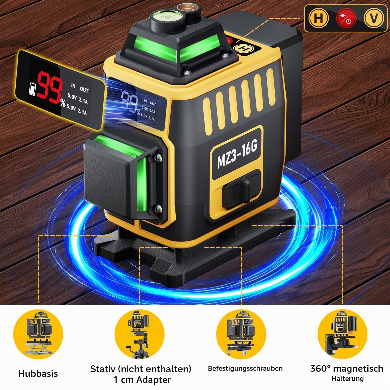 Kreuzlinienlaser Grün 16 Linien,4 x 360 °Laser Wasserwaage Selbstnivellierend,Nivellierlaser mit LED Digitalanzeige,360 grad laser für Konstruktion und Ausrichtun 2 Akkuse,Einstellbare Helligkei