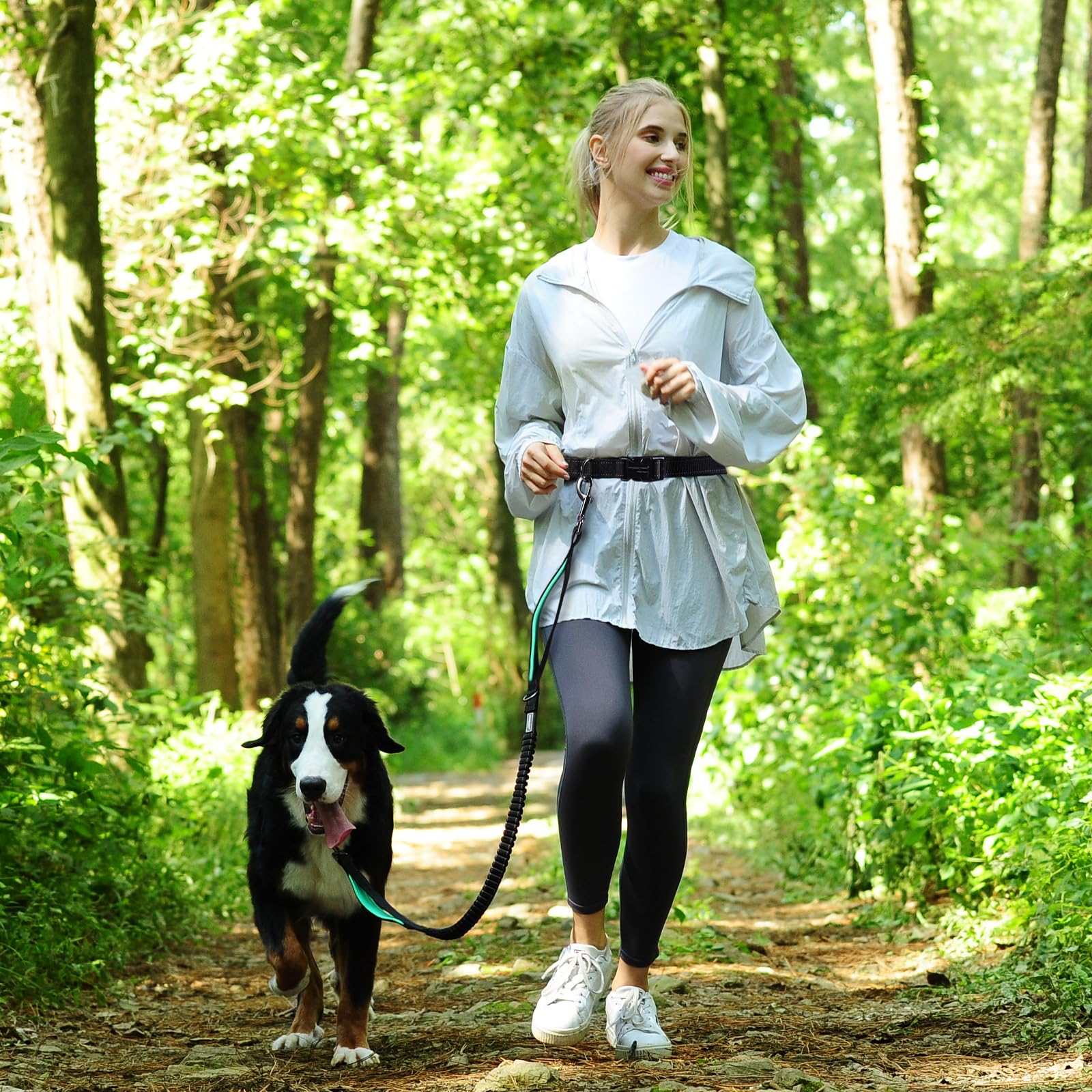 VIVAGLORY Correa para Perro sin Manos, Correa de Cintura con Bungee Absorbente de Choques para Perros Medianos y Grandes, Correa Reflectante Ajustable para Correr con Asa Acolchada, Negra-Turquesa