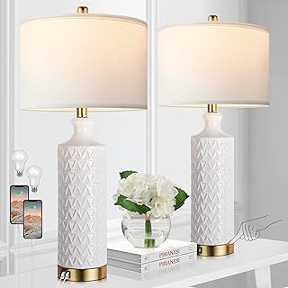 Touch Control Table Lamp Set of 2, Modern Contemporary Ceramic Bedside Lamps with 2 USB Ports, 3-Way Dimmable Nightstand Lamp with White Fabric Shade for Living Room, Bedroom (LED Bulbs Included)