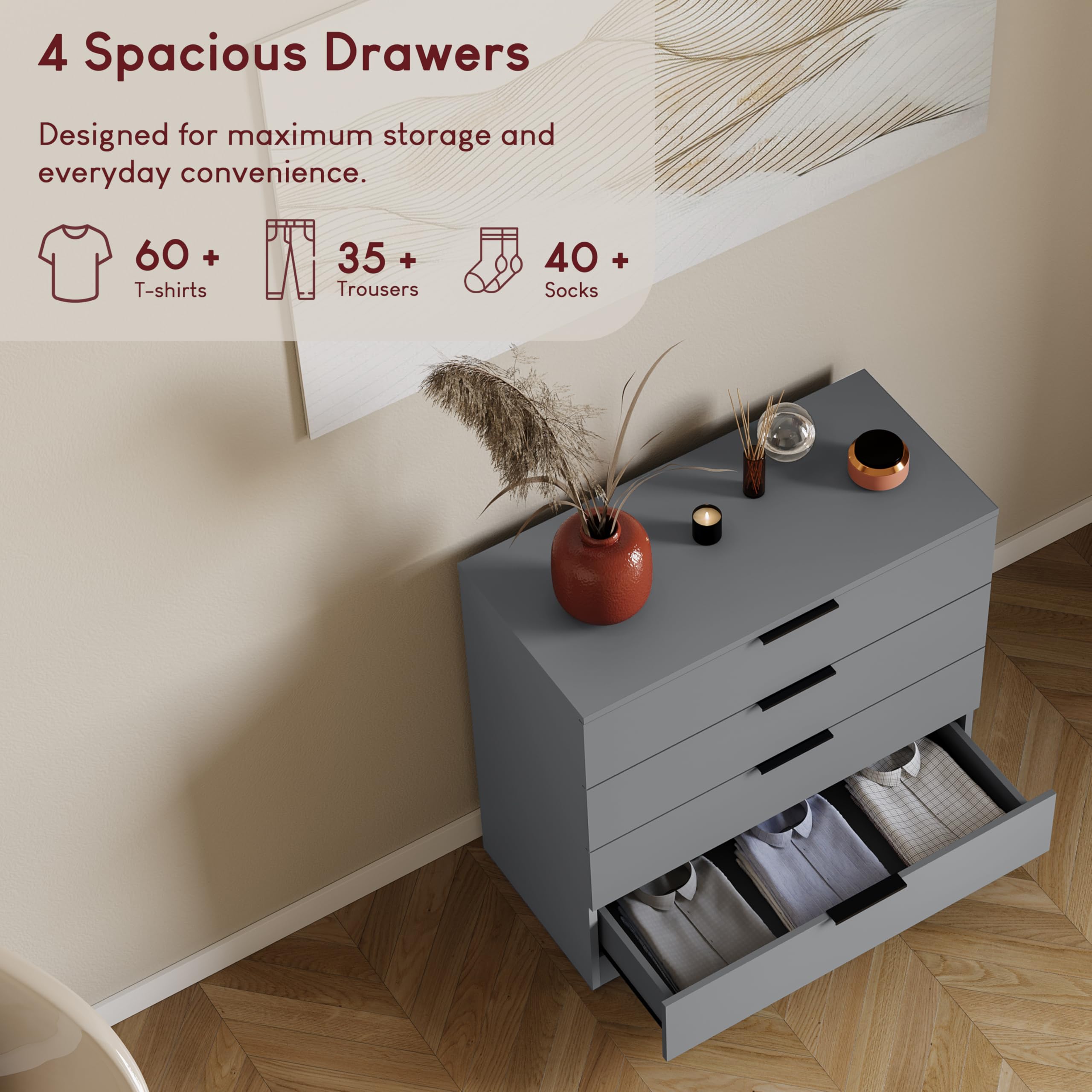 Vida Designs Trega Kommode mit 4 Schubladen | Grau | 74 H x 66 B x 36 T cm | Platzsparende Stauraumeinheit | Schubladenstütze gegen Durchbiegen | Minimalistische | Leichtgängige Schubladenführungen