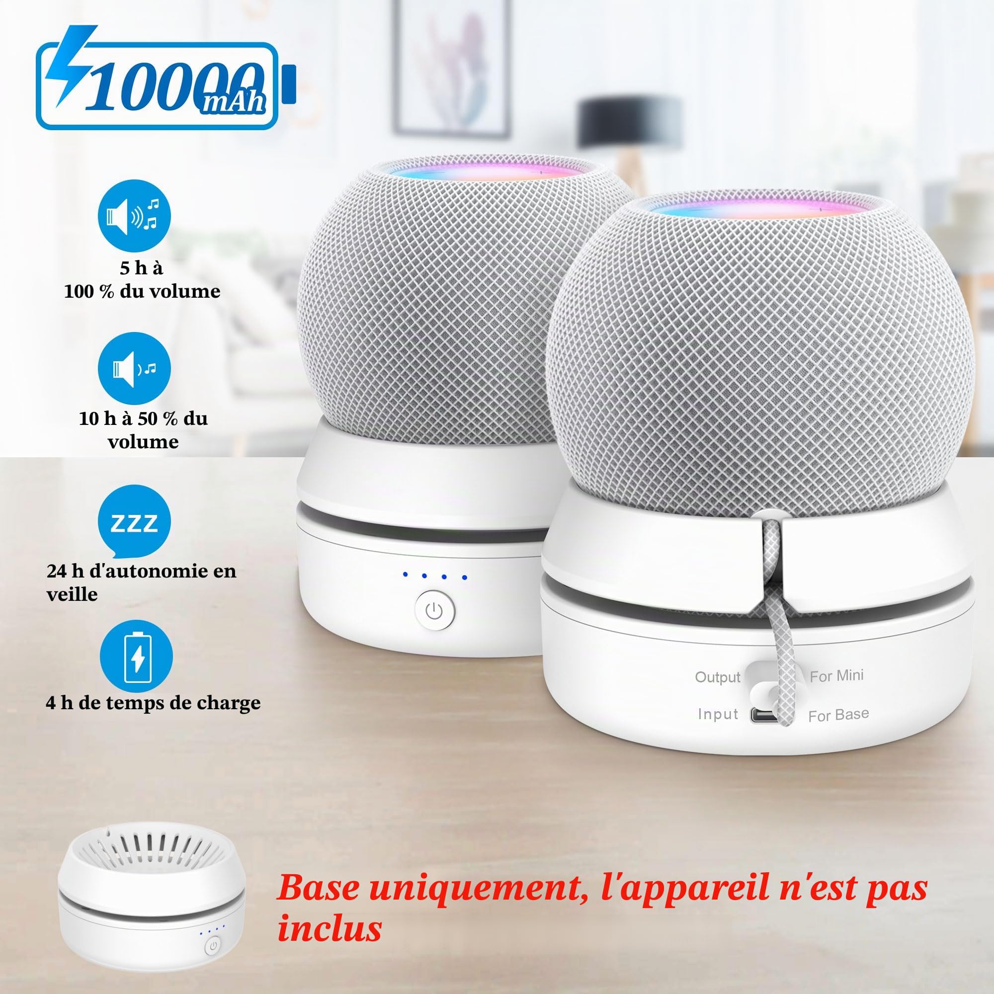 PlusAcc Batterie compatible avec HomePod Mini - Support de batterie Home Pod Mini accessoire avec gestion des câbles intégrée (sans appareils) - Blanc