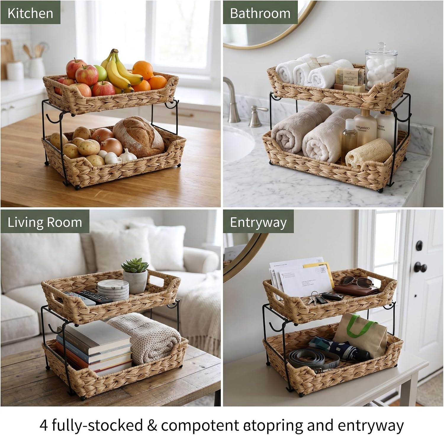 2-Tier Plastic Rattan Wicker Storage Basket with Metal Frame forKitchen Counter with 2 Banana Hangers, Countertop Organizer Shelf for Kitchen, Bathroom, Pantry, Fruit, Vegetables