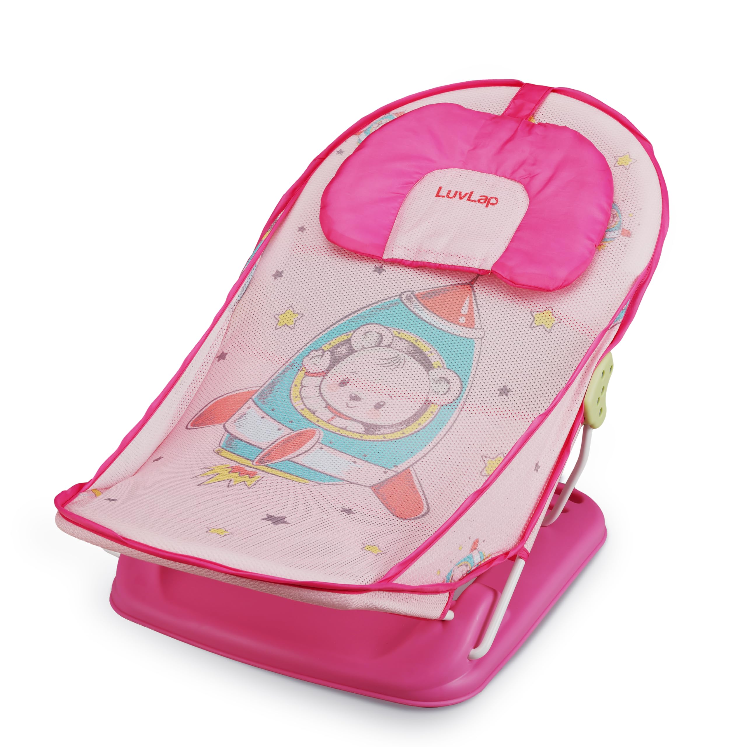 LuvLap Happy Astronaut Baby Bather for Baby 0-6 Months, New Born Baby Bath Chair, 3 Position Adjustable, Washable Soft Mesh, Large Seat (Multicolor)