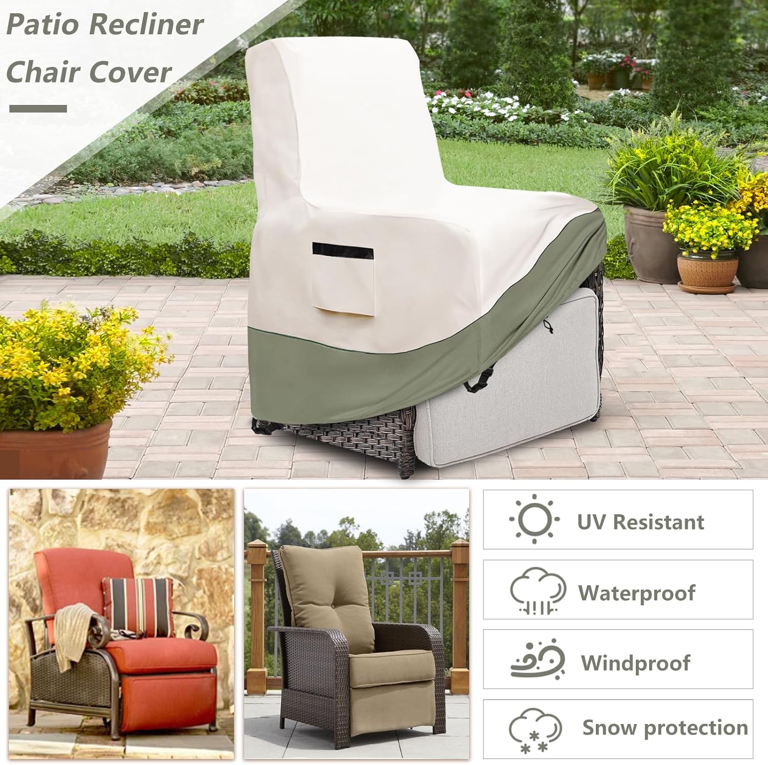Outdoor Recliner Chair Covers 2 Pack,Patio Swivel Chair Covers,600D Heavy Duty Waterproof Patio Rocking Chairs Cover,Outdoor Furniture Covers for All Weather Protection.White&Grayish Green