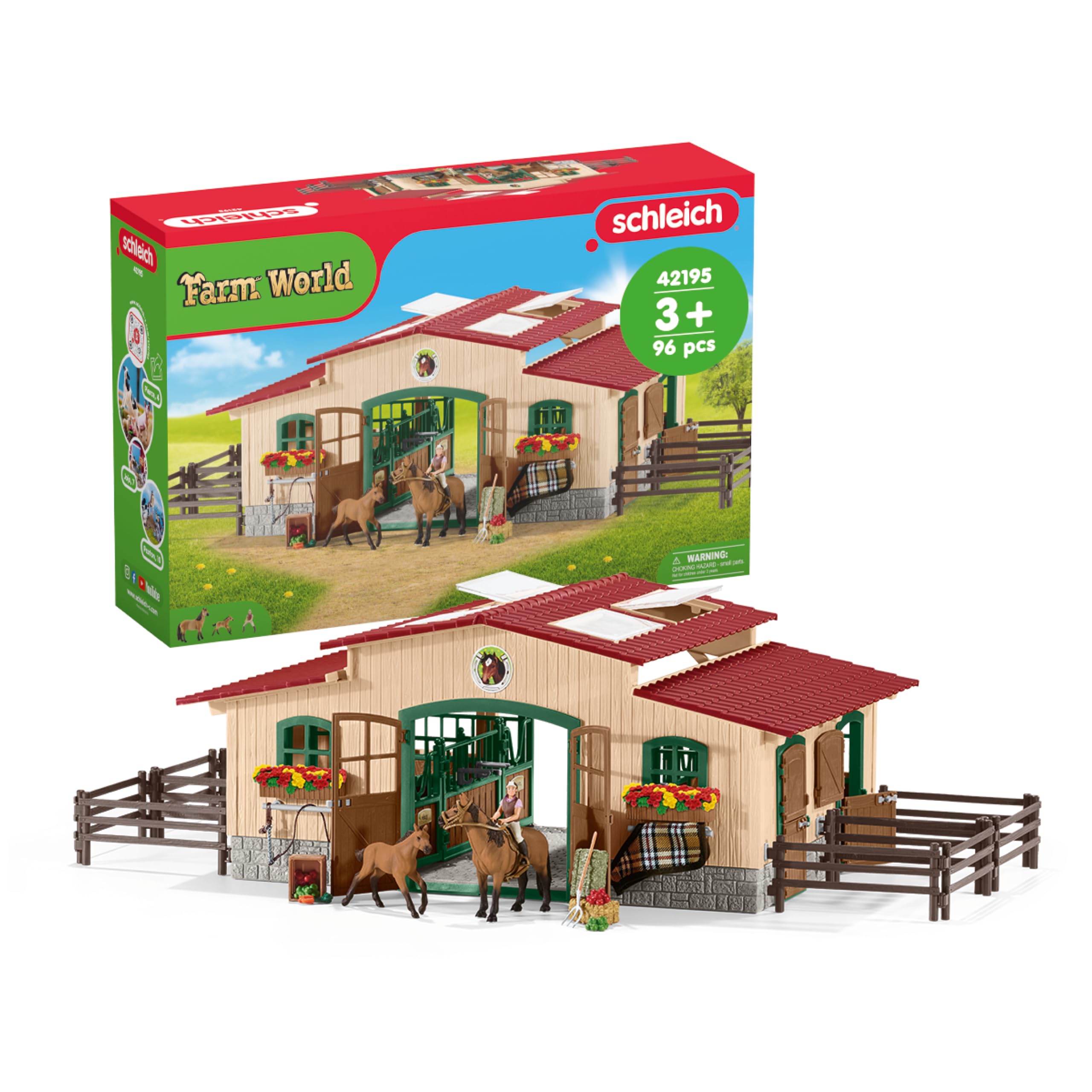 schleich FARM WORLD 42195 96-częściowy zestaw do zabawy dla koni, szczegółowy i wciągający zestaw do zabawy w gospodarstwie rolnym z 2 zabawkami konnymi, figurką jeźdźca i akcesoriami rolniczymi,