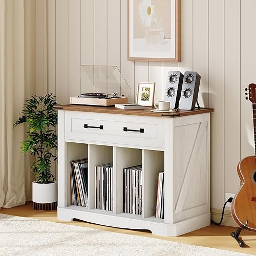 Miniatura 3 de Soporte grande para tocadiscos con estación de carga, gabinete de almacenamiento de discos de vinilo con capacidad para hasta 200 álbumes,