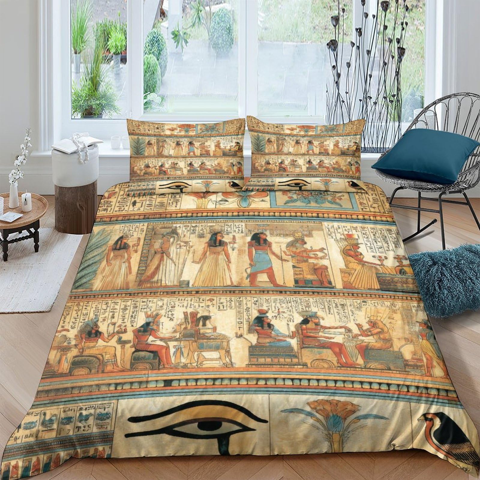 GPLZQXKJNH 3D Printed Ancient Egypt Duvet Cover Microfiber Soft Breathable Hieroglyphics Bedding Set with 2 Pillowcases for Bedroom Decor Single（135x200cm）